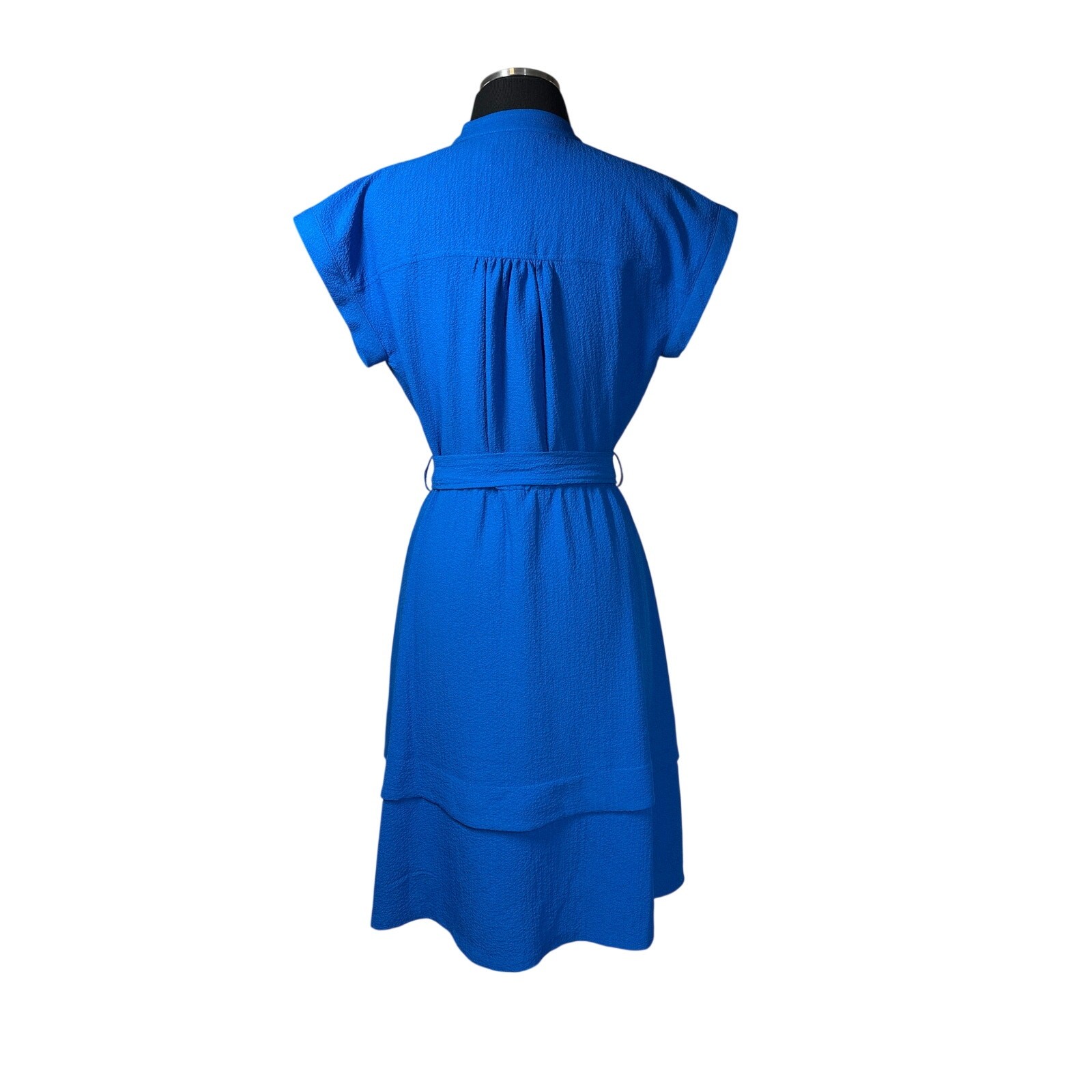 Calvin Klein Midi Button Front Dress Self Tie Textured Blue Sz 2 Office Career