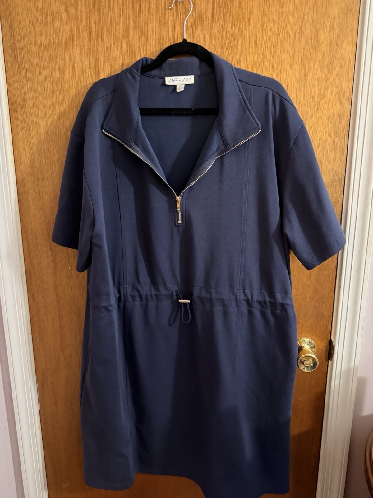 She & Sky Navy Dress Pockets Zip Neck Adjustable Tie Waist 2xl 2x