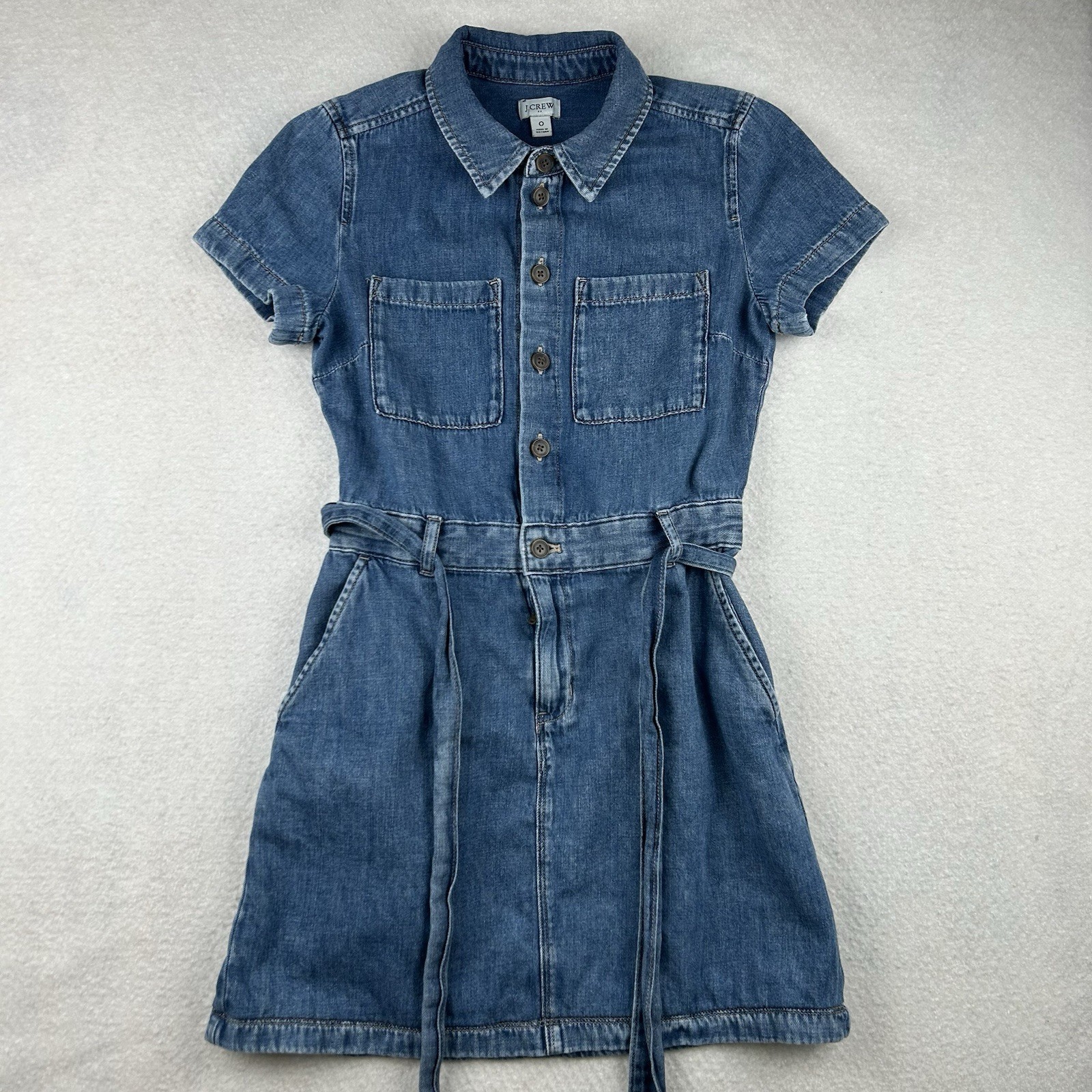 J Crew Denim Shirt Dress Women’s 0 Short Sleeve Button Front Belted Pockets