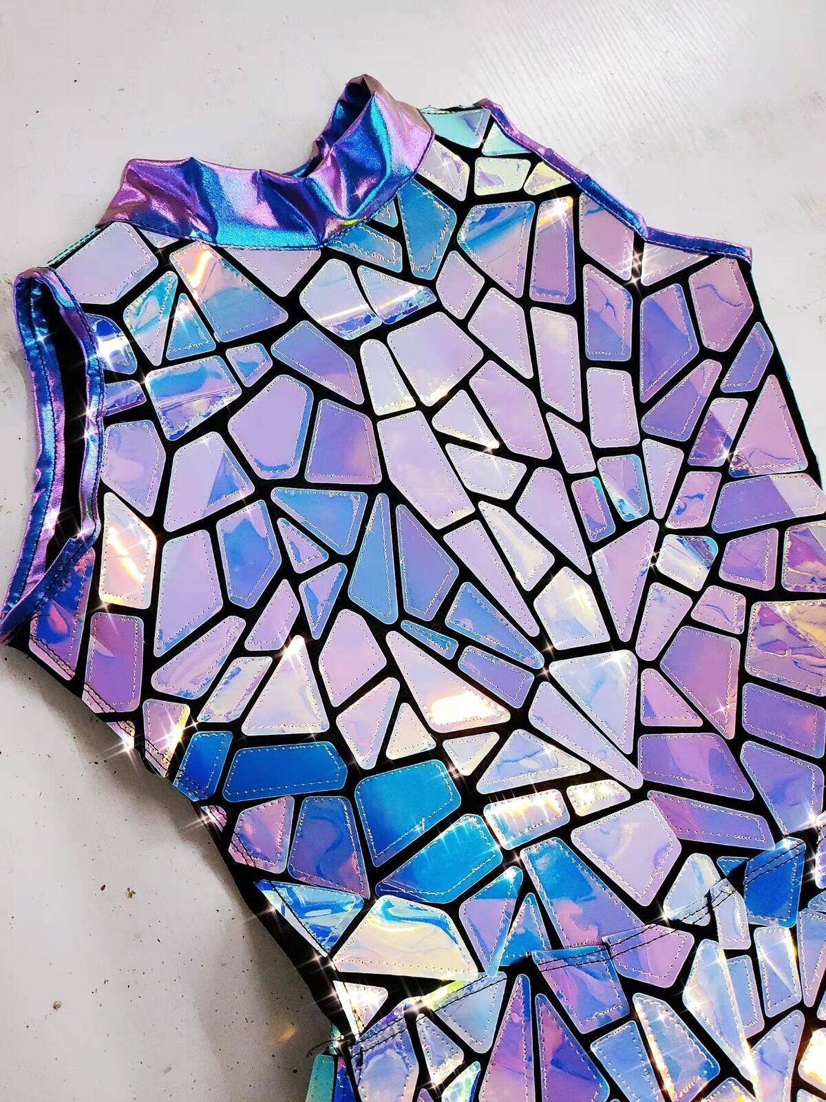 Purple Blue Laser Mirror Sequins Sleeveless Short Dress Women Singer Dancer