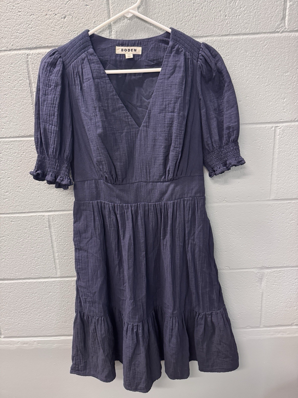 Boden Anna Double Cloth Dress US 6R Navy Cotton Gauze V-Neck Smocked Pockets