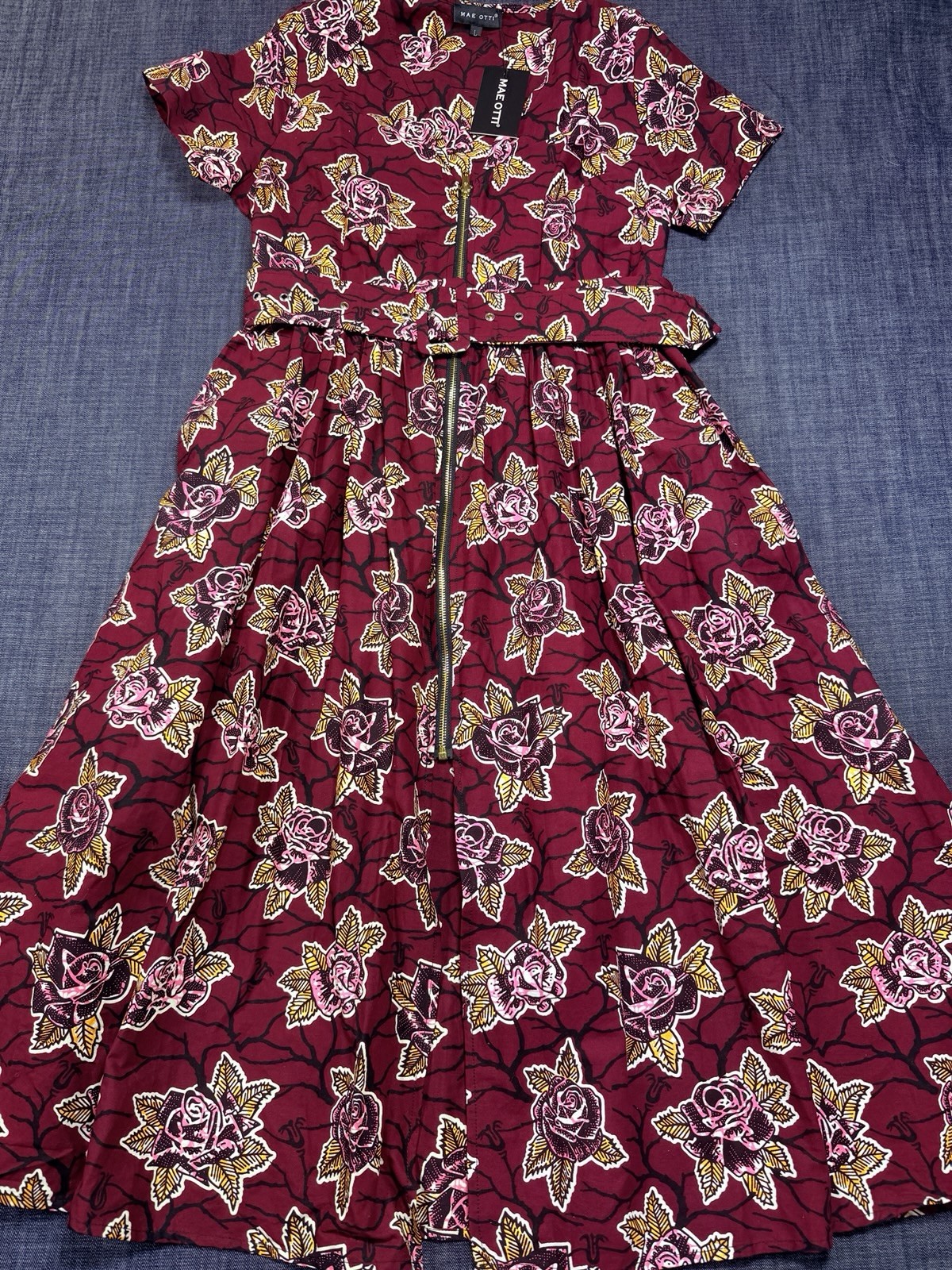 Mae Otti Ankara Wax Print Midi Dress Maroon Rose Cotton Zipper Front Belted Sz L