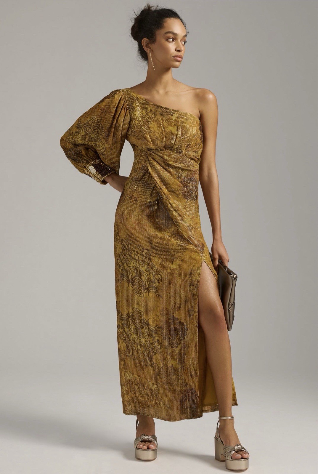 Anthropologie Nirmooha One-Shoulder Embellished Shine Dress XS Honey NWT