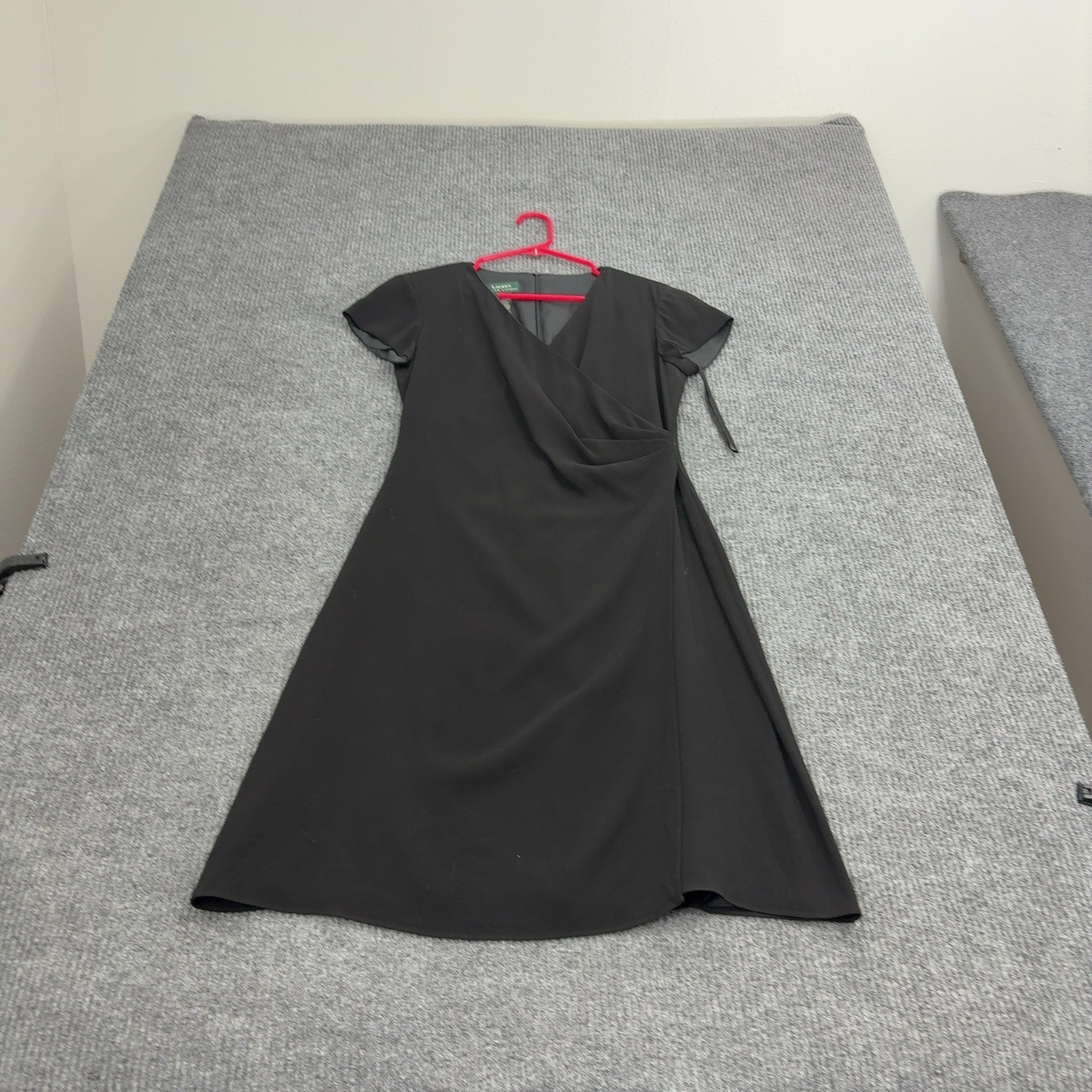 Lauren Ralph Lauren Dress Womens 8 Black Acetate Blend Faux Wrap V Neck Classic