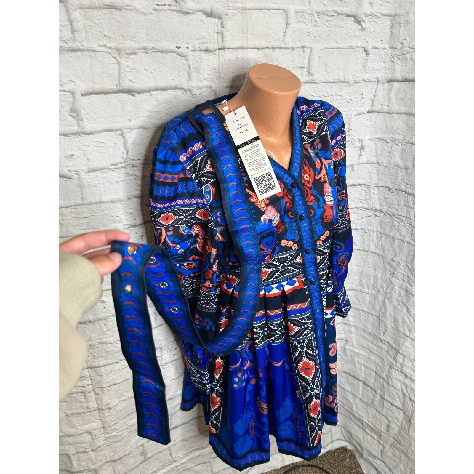 Dalia Macphee Tile Print Border Blue Mini Dress Size M