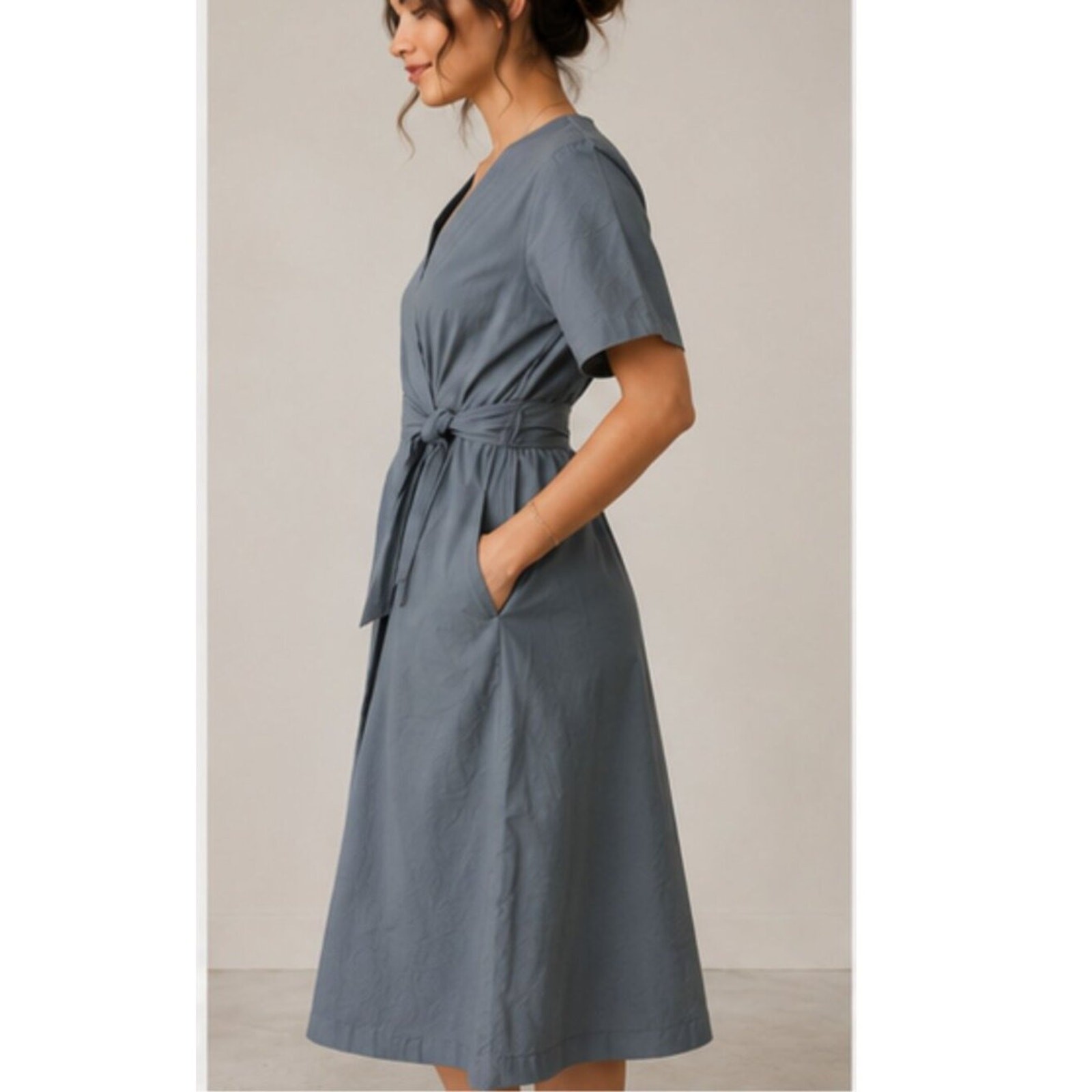 Margin Weathered Blue Cotton Wrap Midi Dress Tie Waist Pockets Size Medium