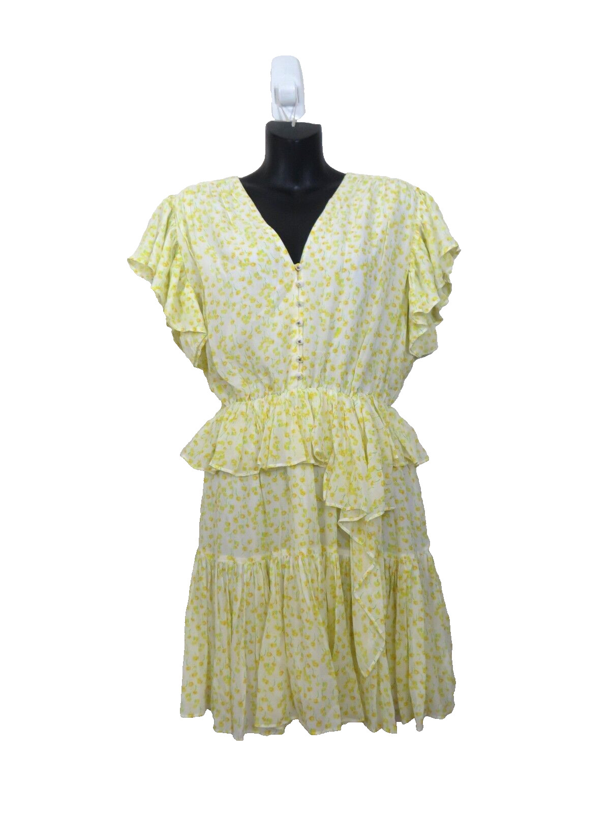 The Kooples size 1 Floral Print Ruffle Frills Short Dress Yellow V Neck S