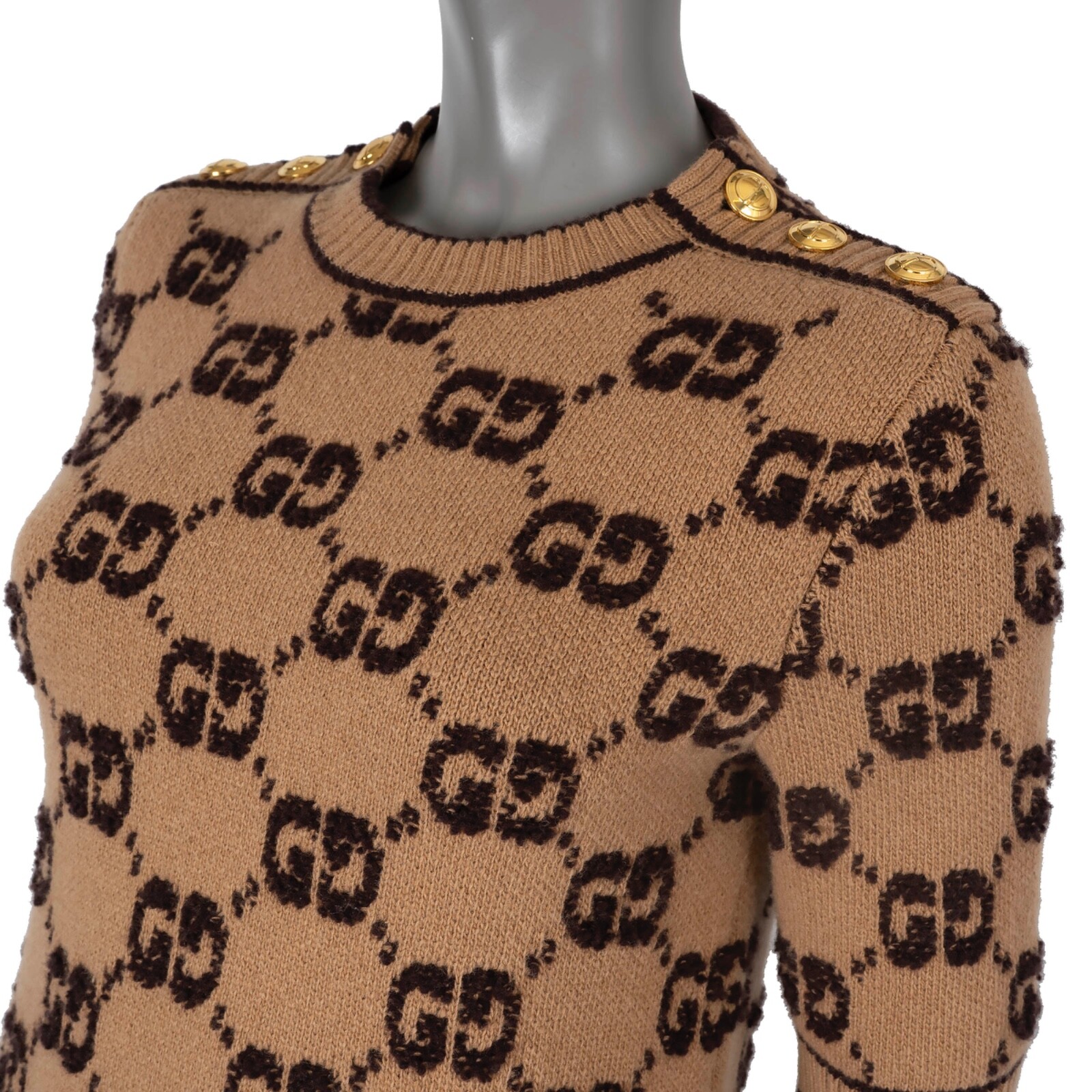 70502 auth GUCCI camel & brown wool 2024 MONOGRAM BOUCLE JACQUARD Dress M