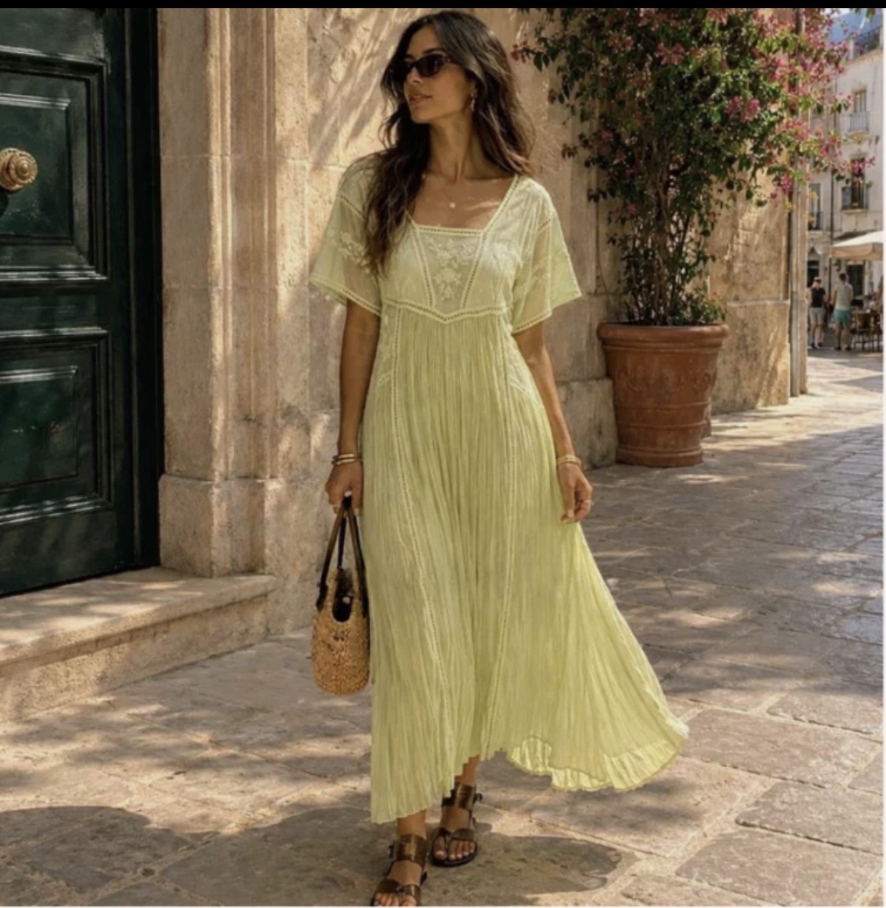ZARA Woman 2026 Pistachio Embroidered Pleated Midi Dress Size S 7521/063