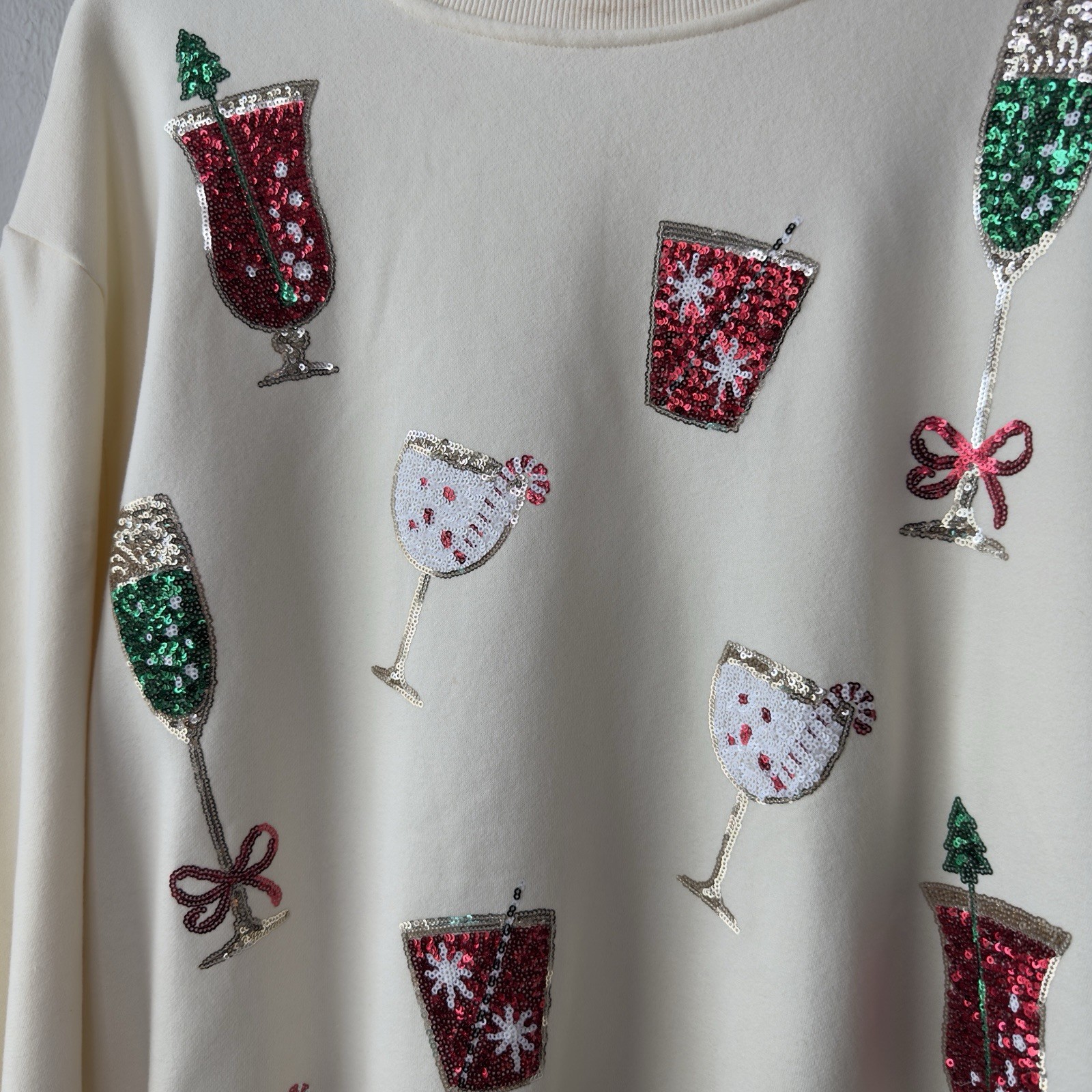 Fantastic Fawn L Sequin Christmas Drink Applique Pullover Sweatshirt Mini Dress
