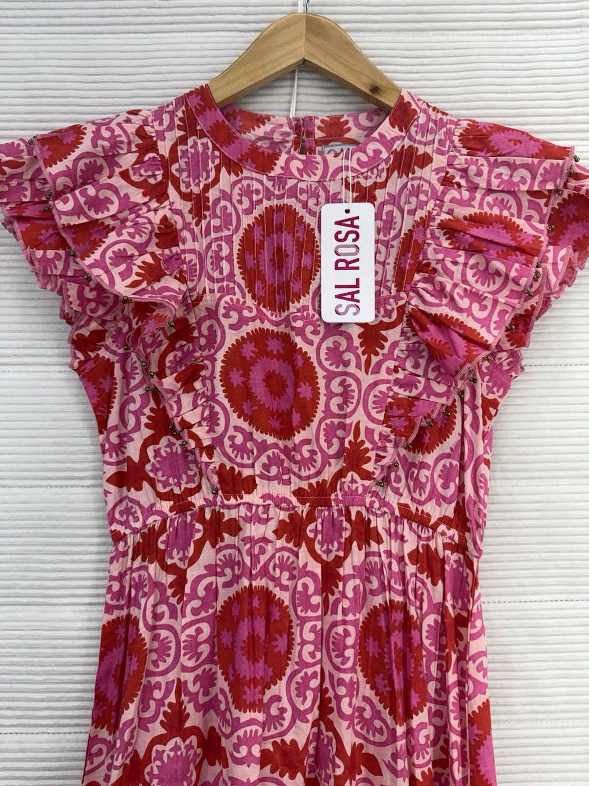 Sal Rosa Ruffle Flutter Sleeve Cotton Midi Vibrant Dress Pink Red Size 10