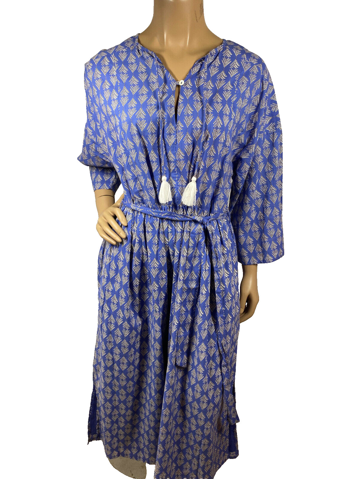 Graymarket Designs Hand Block Printed Dress Size S/M Blue Keyhole Neck Belted