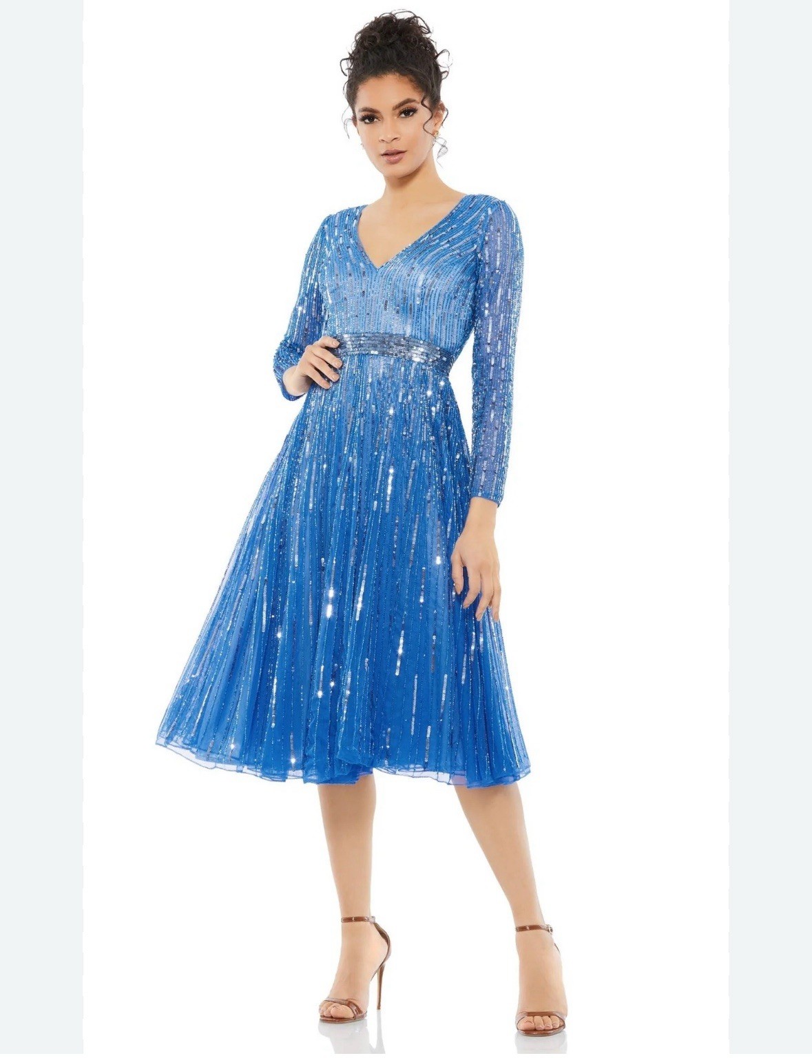 Mac Duggal Light Blue Sequin Tea-Length V-Neck Long Sleeve Formal Dress 22 *NOTE