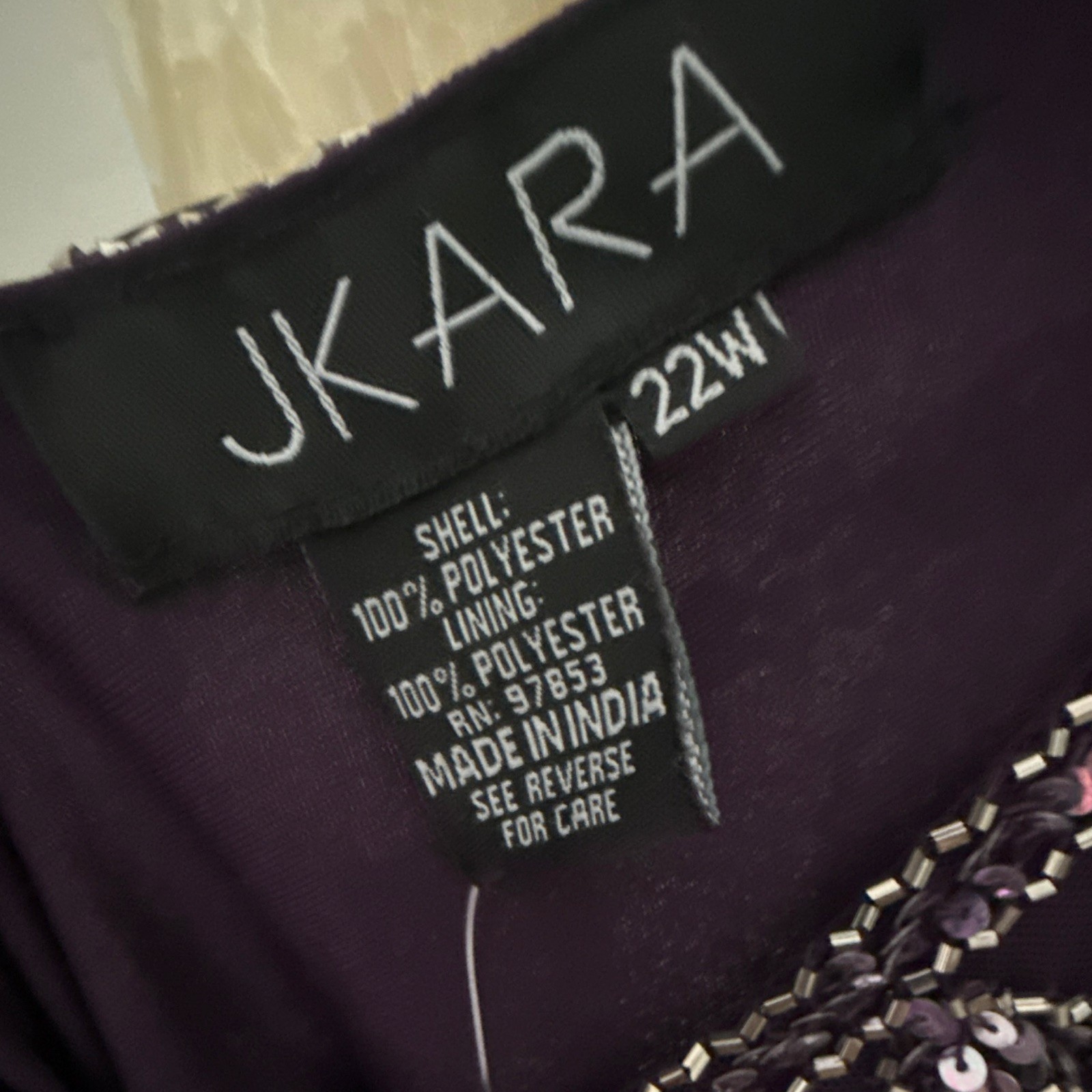 JKara Women’s 22W Purple Beaded Sequin Mesh V-Neck 3/4 Sleeve Long Gown