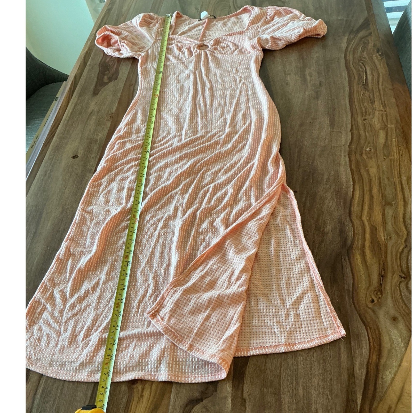 Caution To The Wind Peach Gingham Textured Maxi Dress Puff Sleeve Side Slit