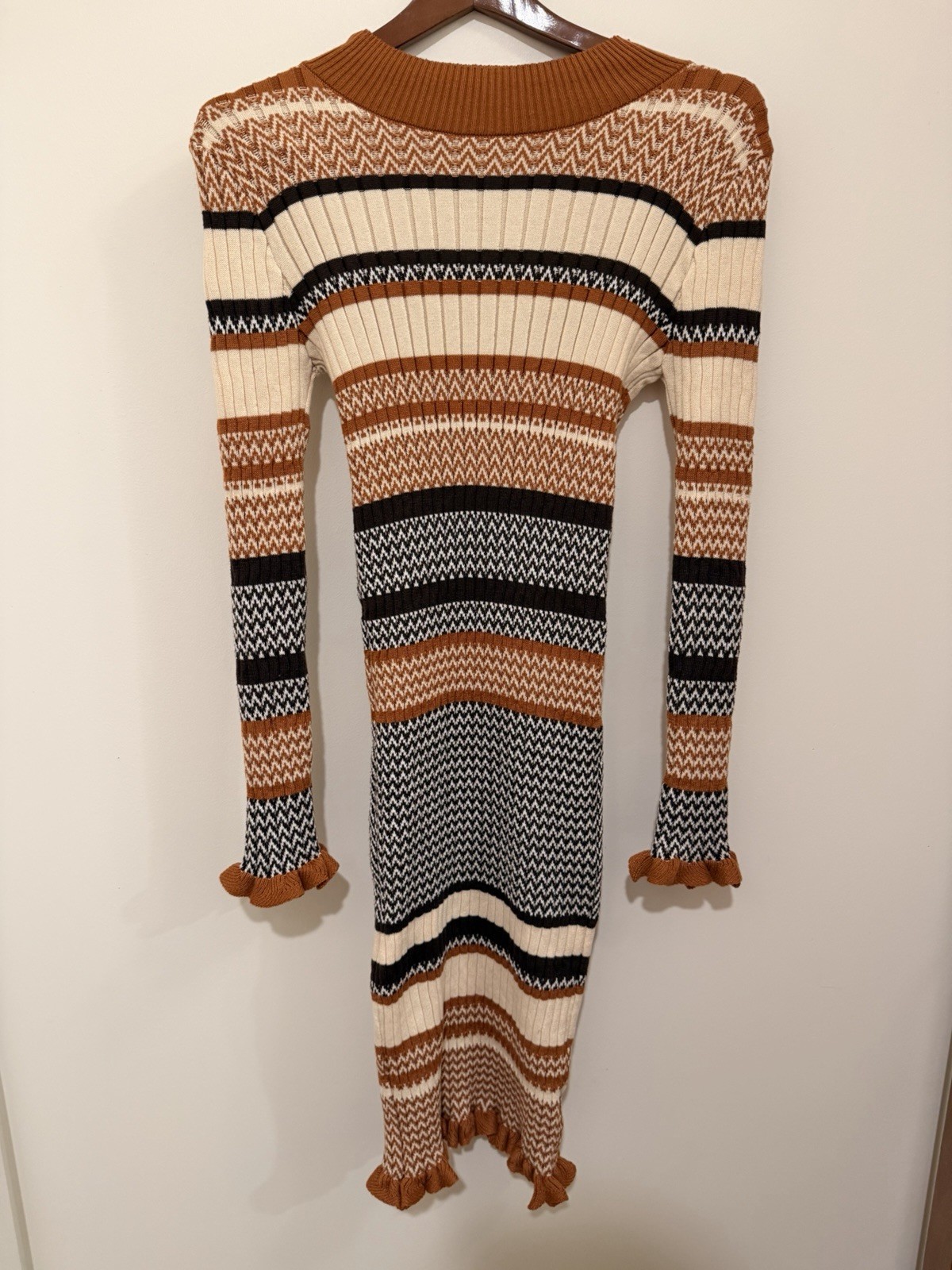 SHEIN Ribbed Striped Long Sleeve Midi Dress in Rust, Black & Cream Size L