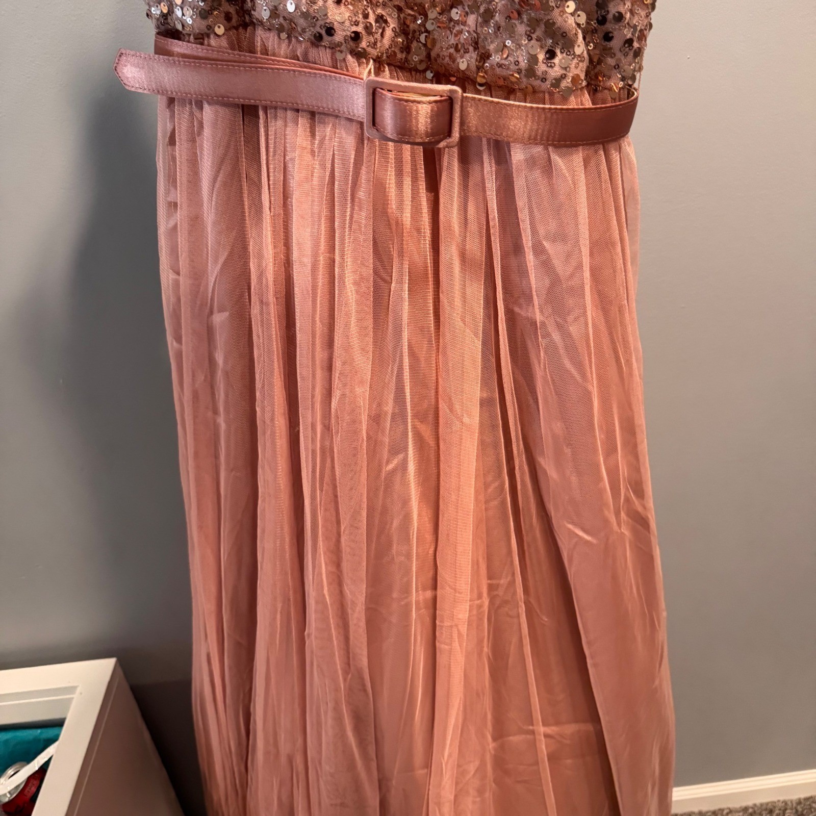 Xscape Rose Gold Sequin Tulle Strapless Gown Formal Prom Evening Dress Pink 10
