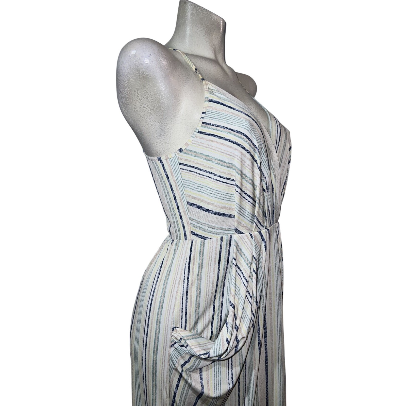 BCBGeneration Womens Blue Tan Striped Sleeveless Midi Dress Draped Pockets S