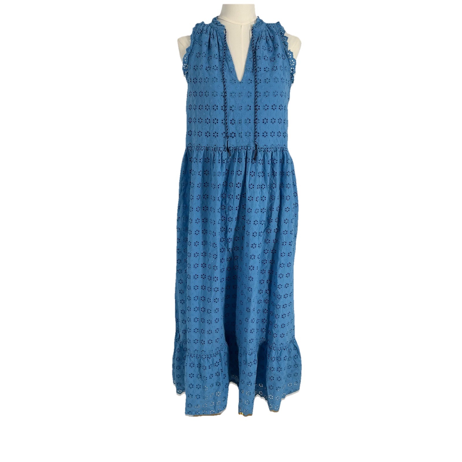 Hatley Women Eyelet Midi Dress M Blue Ruffle Embroidered Boho Peasant Hippie