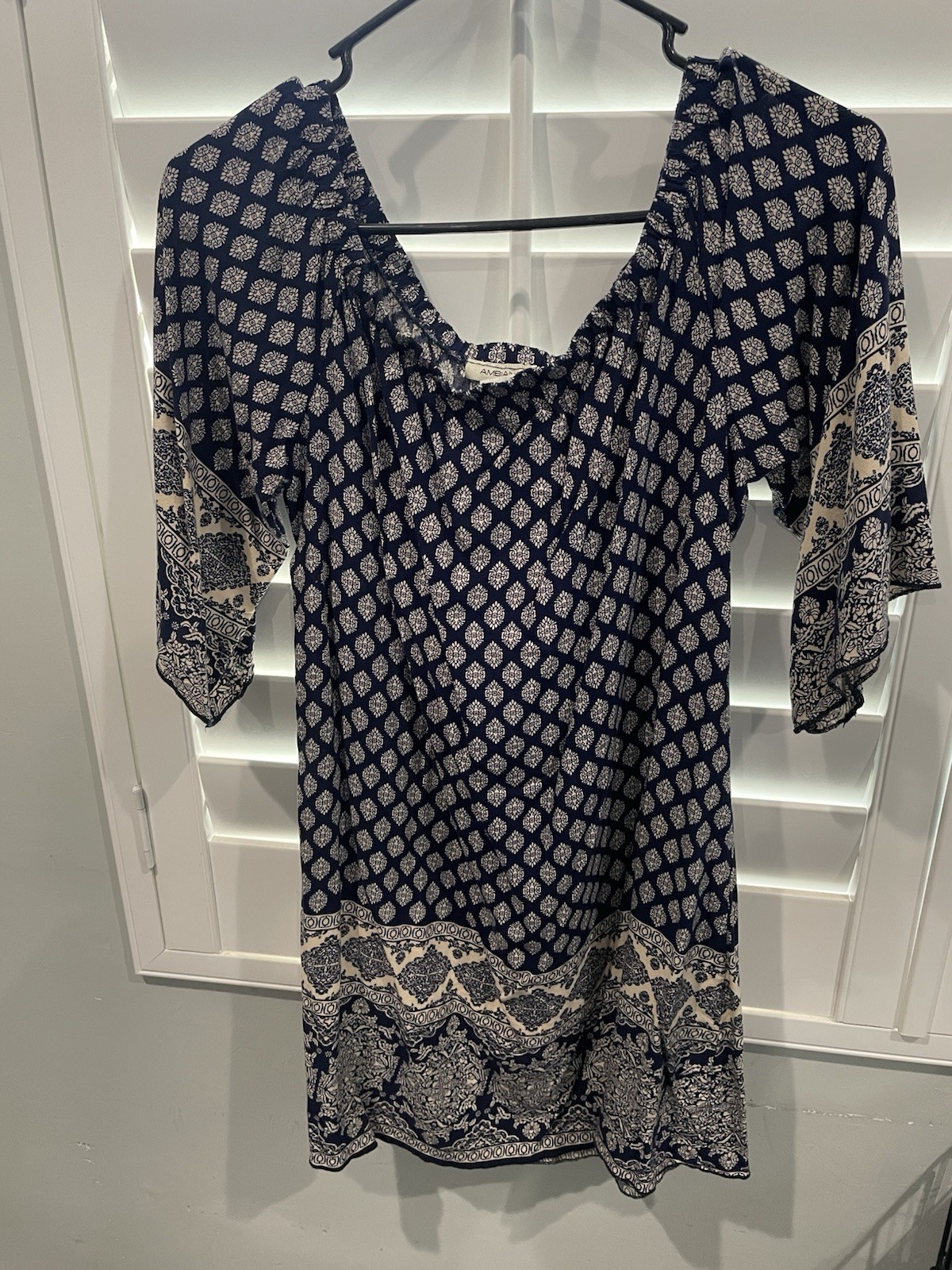 AMYLYNN Navy White Geometric Print 3/4 Sleeve Shift Dress Size L