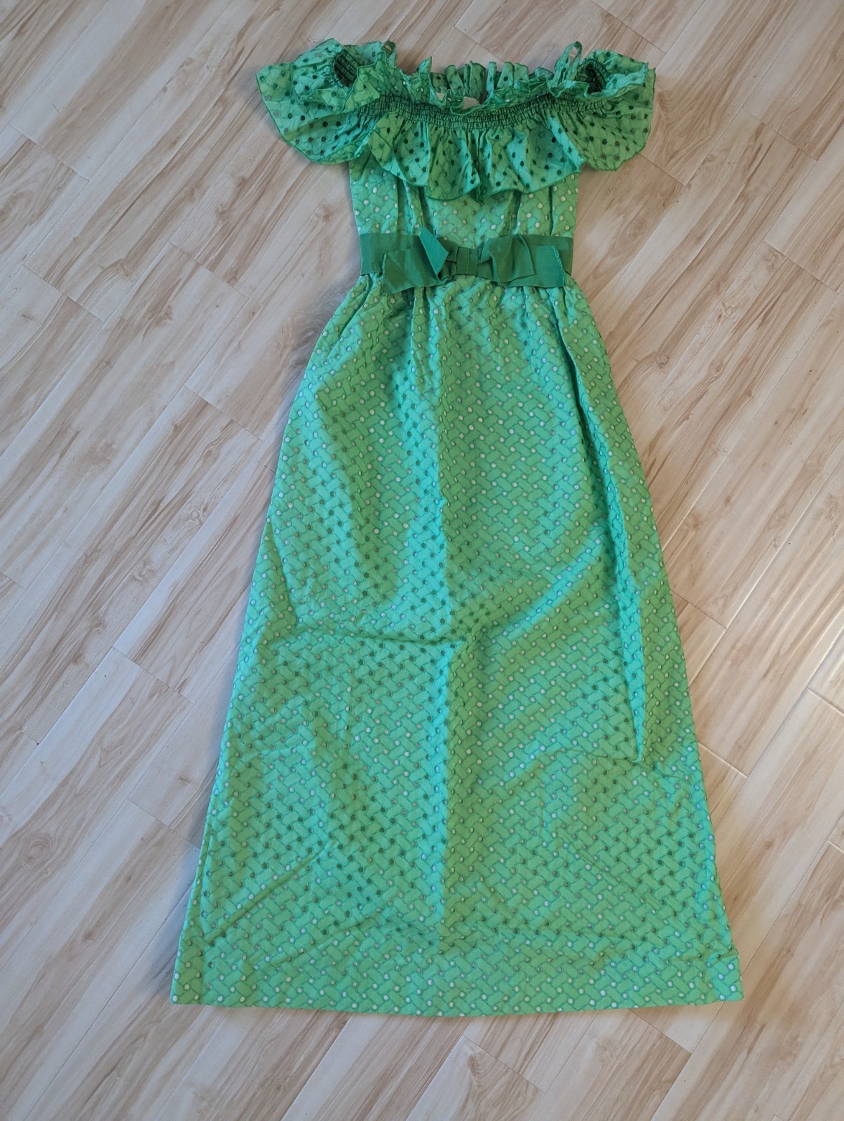 Boho Romantic Green Off The Shoulder Maxi Dress Floral Romantic Lace Up Cottage