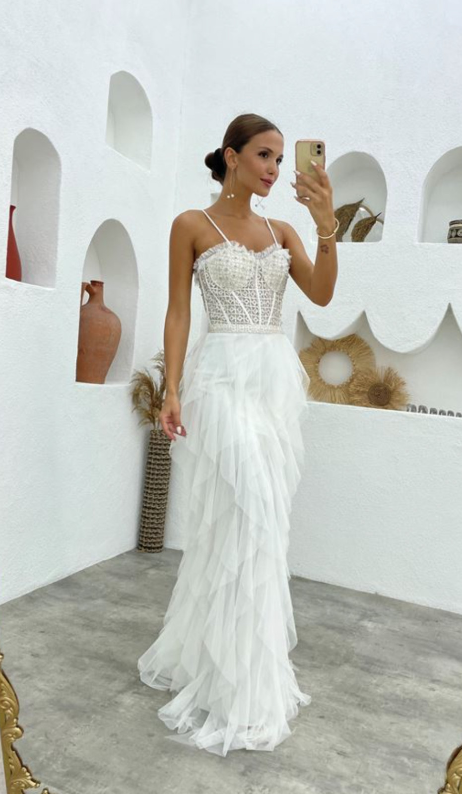 white Rope Strap Embroidered Ruffled Tulle Evening Dress Elegant Formal Gown