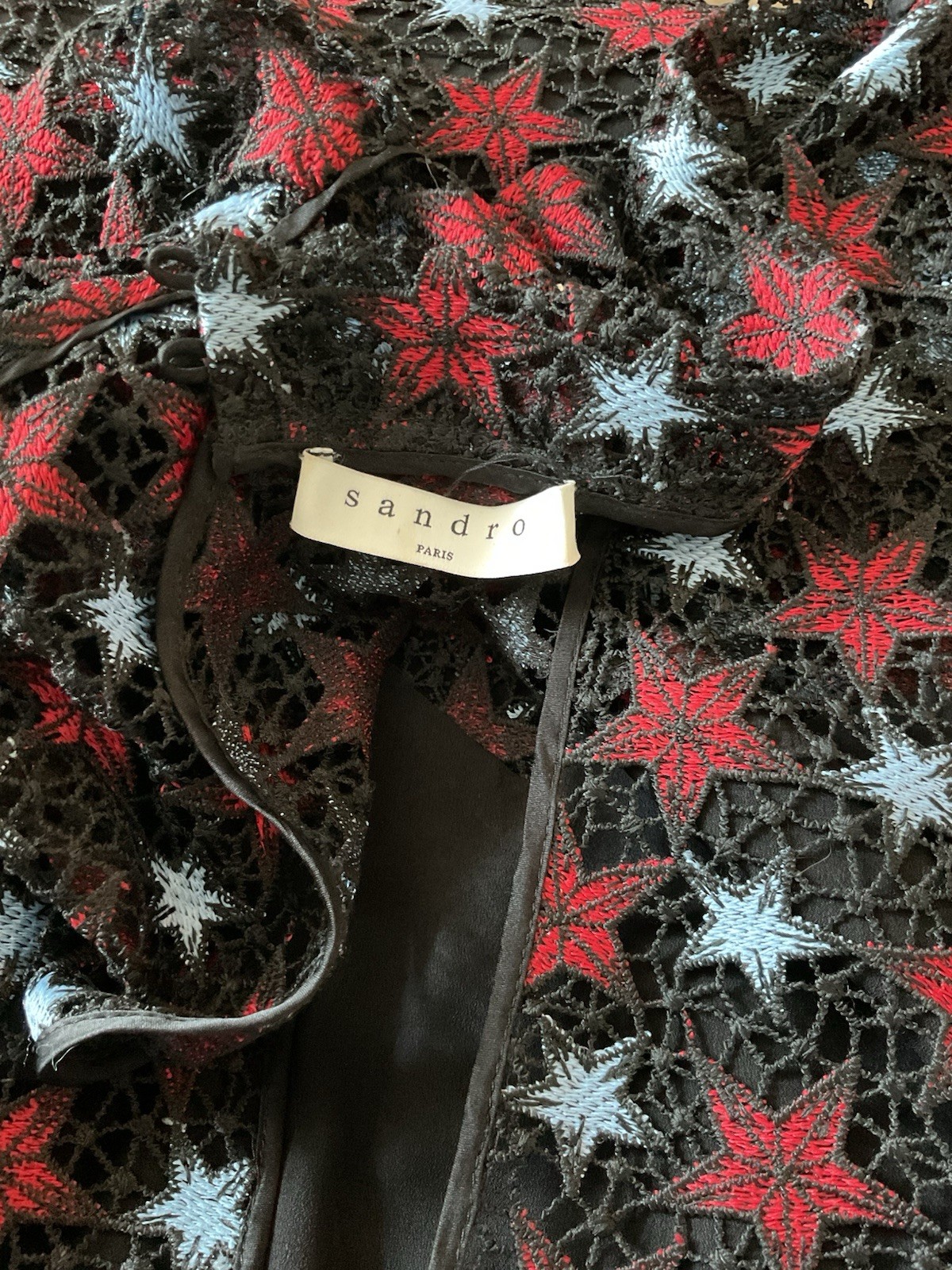 Sandro Paris Star Lace Mock Neck Mini Dress Red Blue Guipure Black