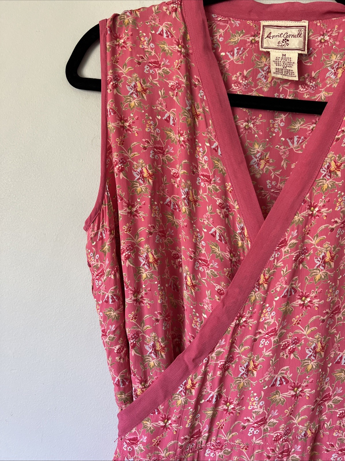 Vintage April Cornell Pink Raspberry Floral Sleeveless Wrap Dress Size M Rayon