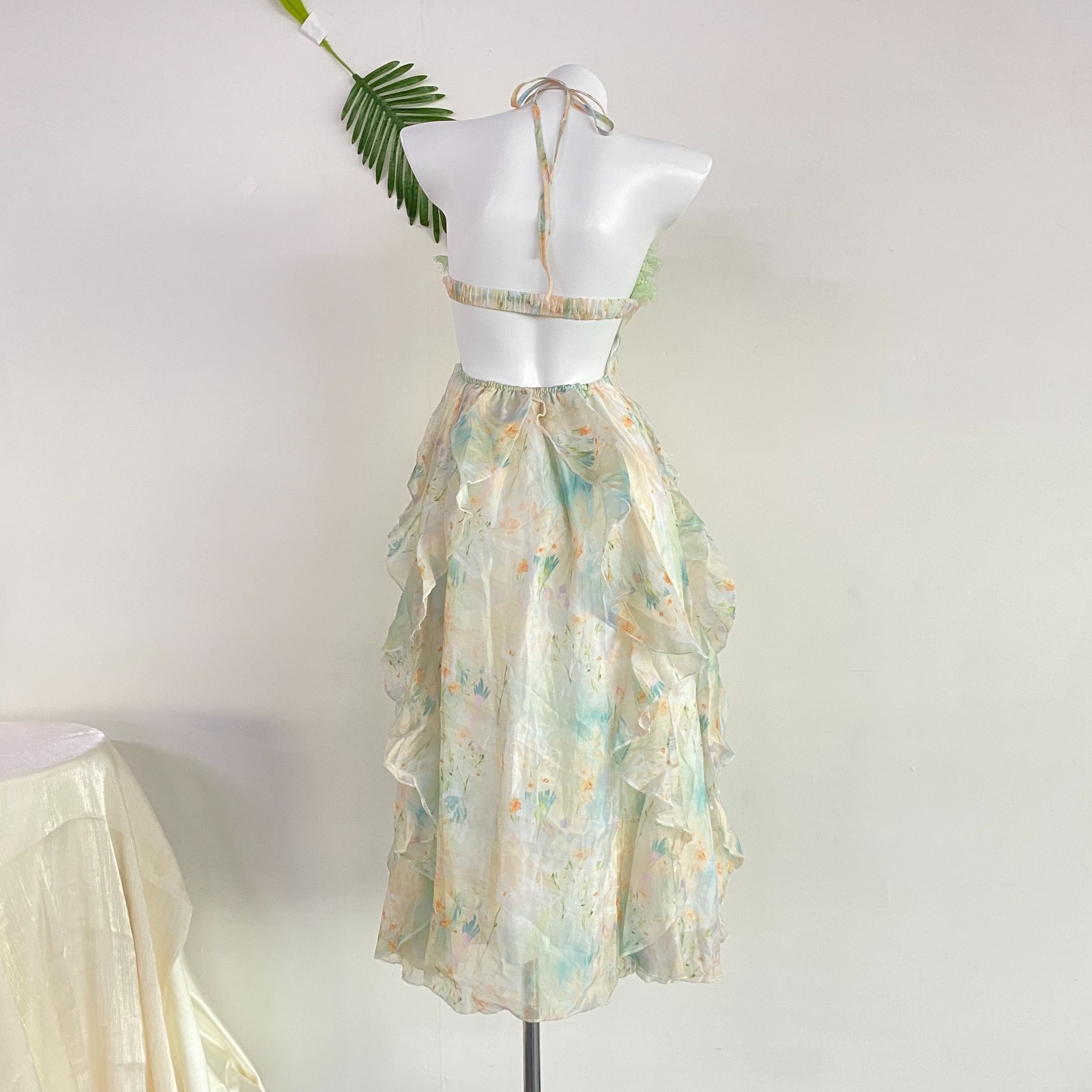 Pastel Watercolor Floral Ruffled Halter Midi Dress