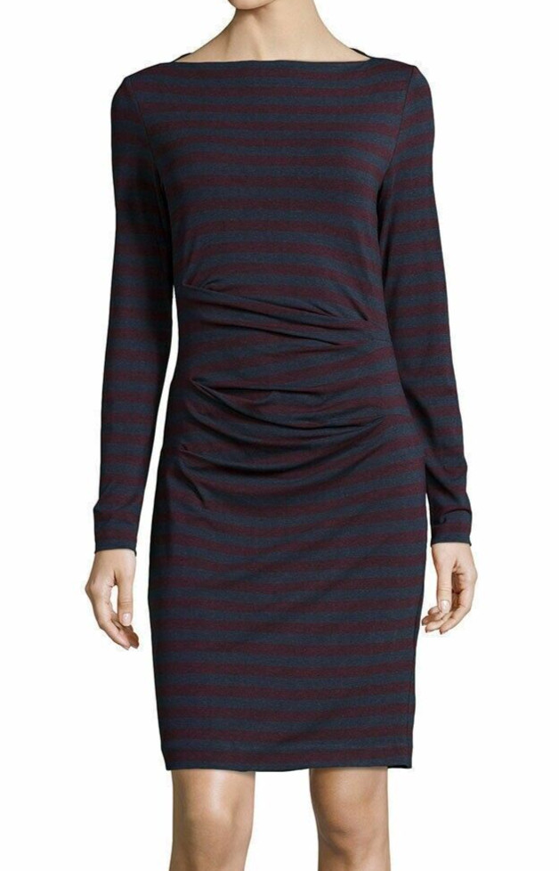 NWT Nicole Miller Artelier Quinn Bateau Neck Striped Tucked Jersey Dress M $265