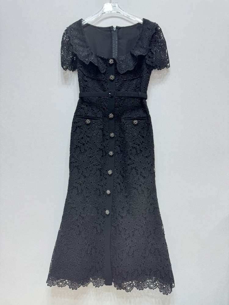 French Style Womens Lace Slim Short Sleeve Square Neck Mid Long Fishtail Dresses