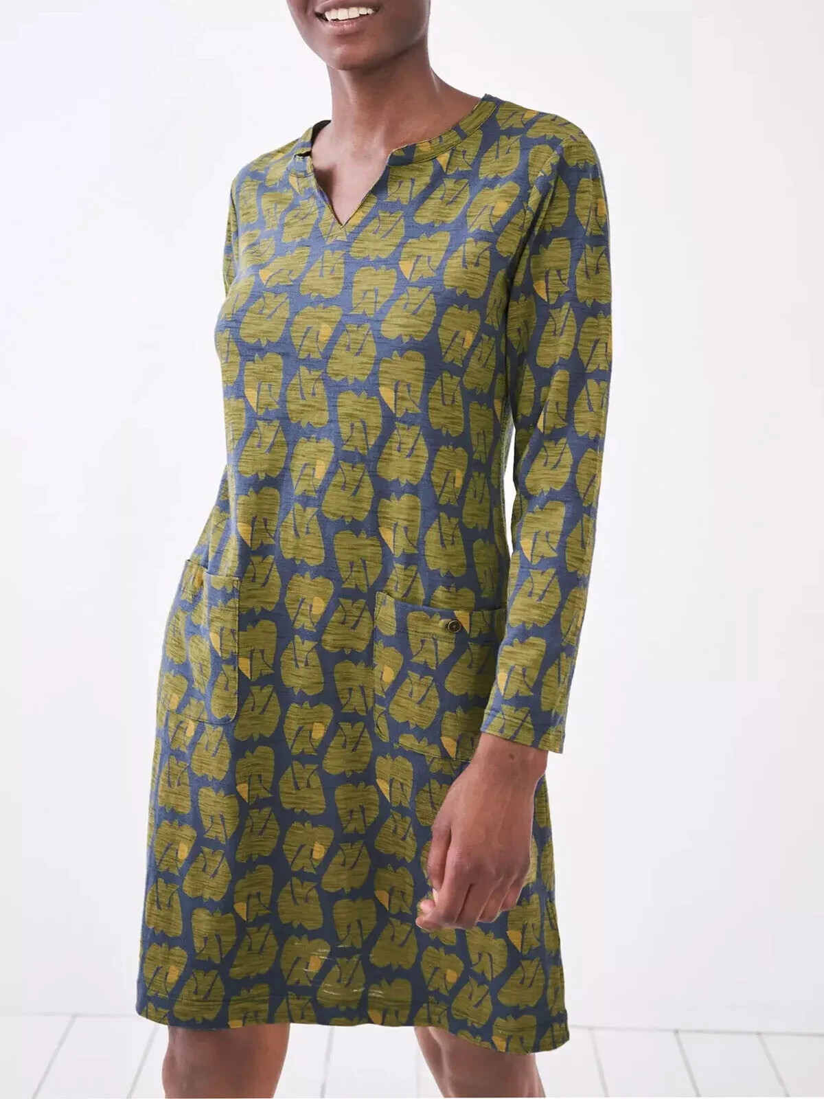 White Stuff Grey Green Dove Bird Print 100% Cotton Bea Dress Size 14 VGC Pockets