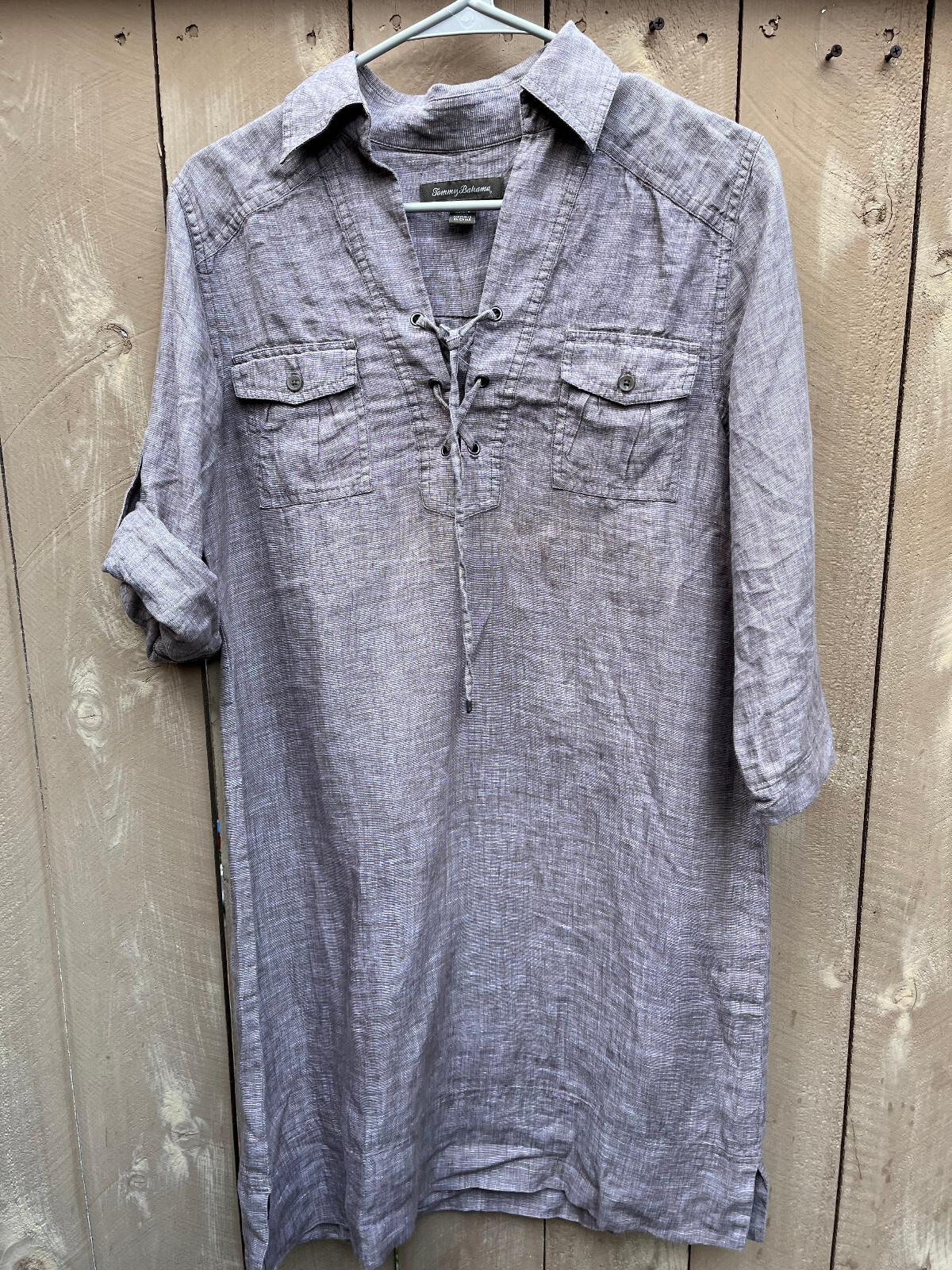 TOMMY BAHAMA Heather Beige Brown 3/4 Sleeve LINEN Dress w/ Lace-up Neck Womens S