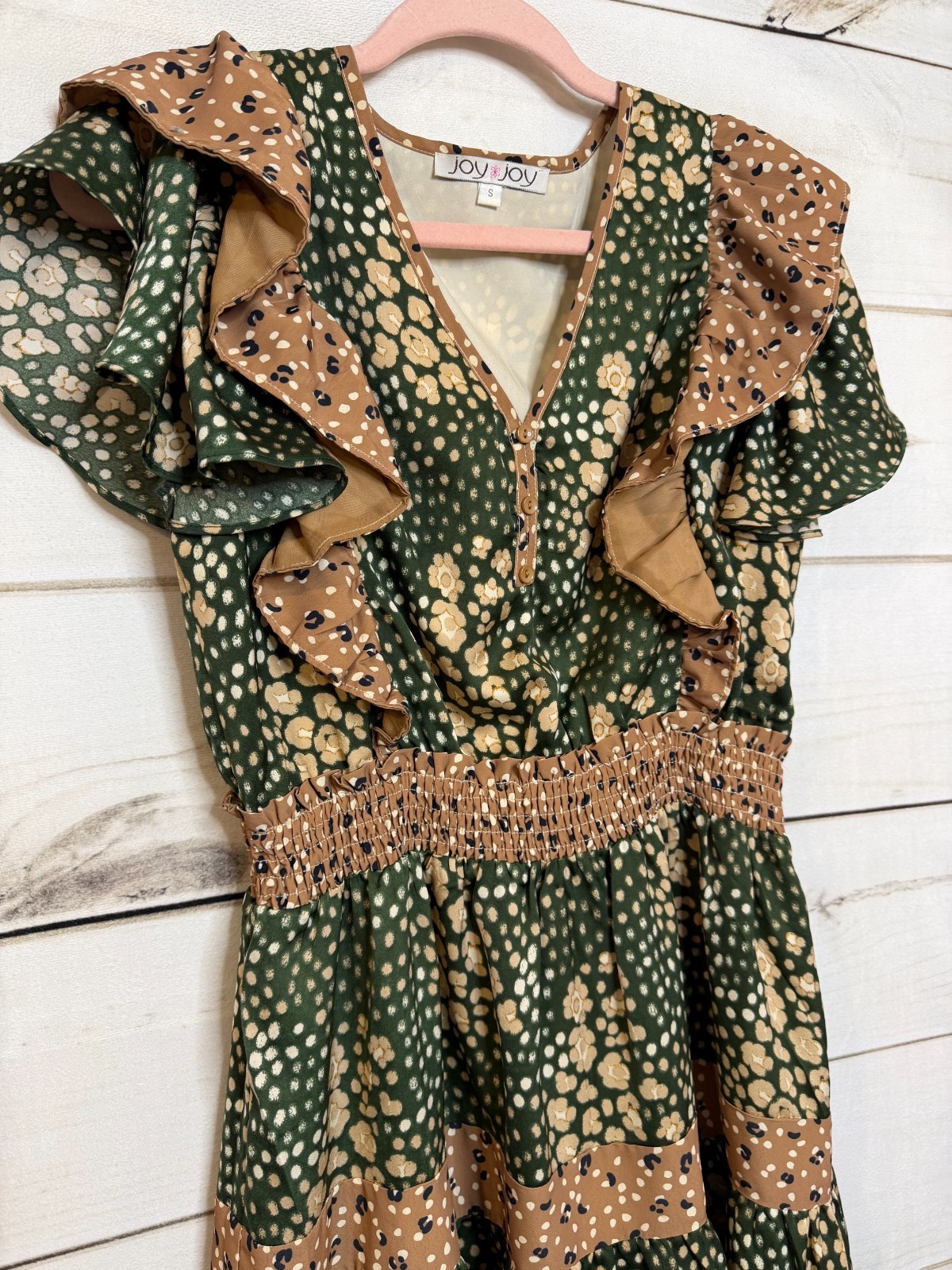 Joy Joy Dress Size SM Ruffles Green Beige Print Rouched Waist