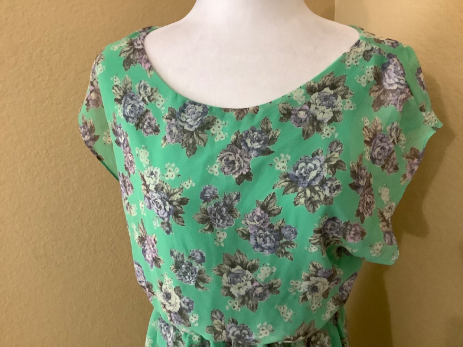 LUSH Floral Flow Sheer Fully Lined Green Floral Dress Sz Medium