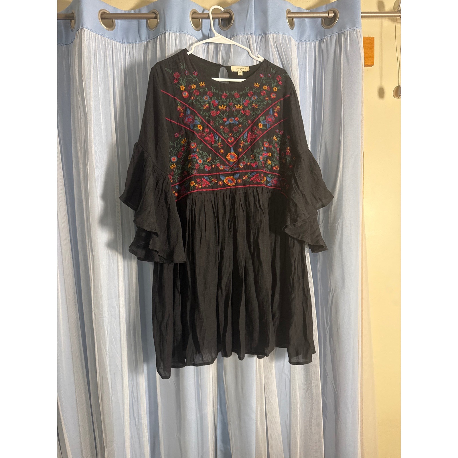 Umgee Embroidered Tunic Dress Womens XL Black Boho Bell Sleeve WC0384