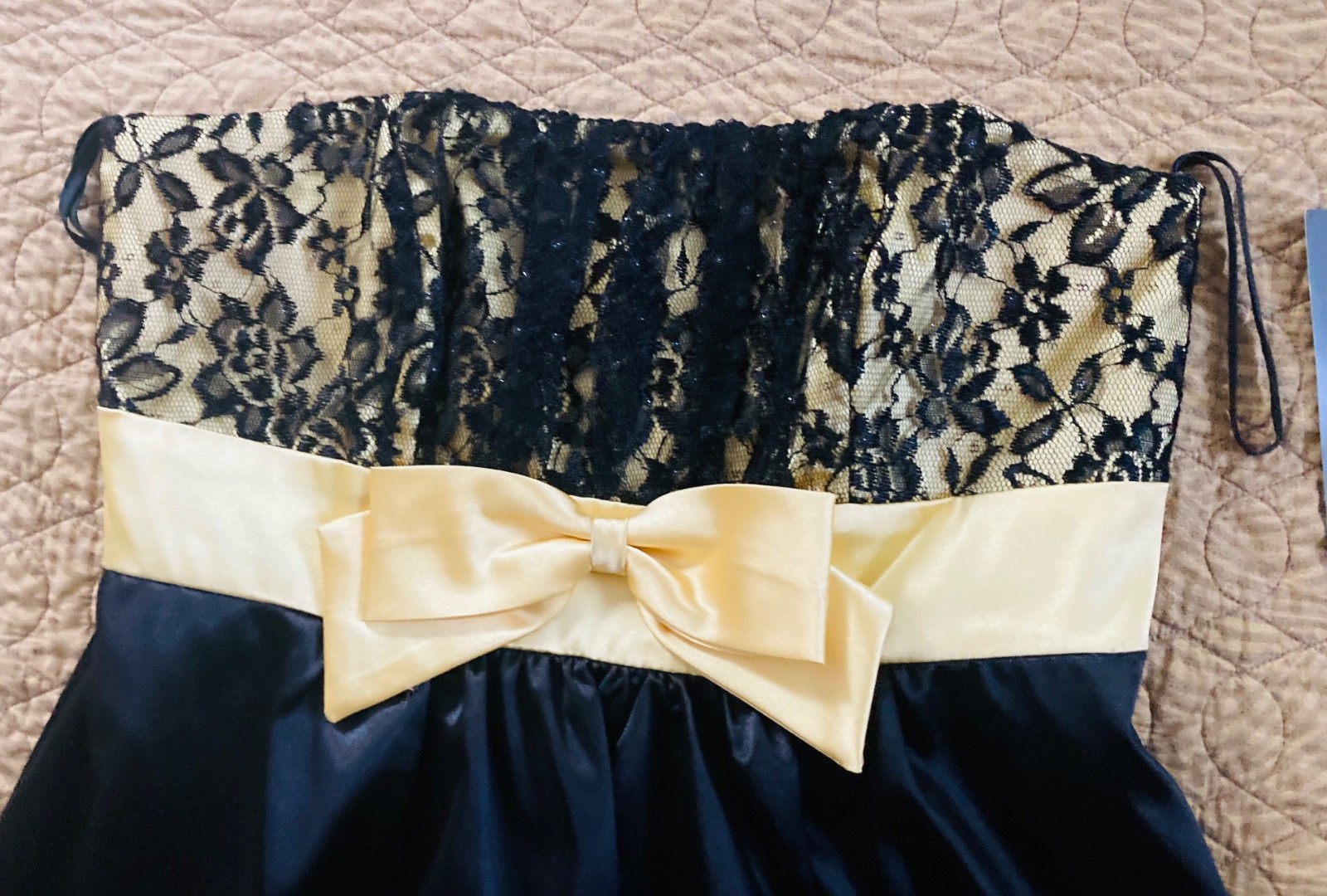 Sally USA NWT Medium HOCO Dress Black with Yellow Bow and Lace Accent