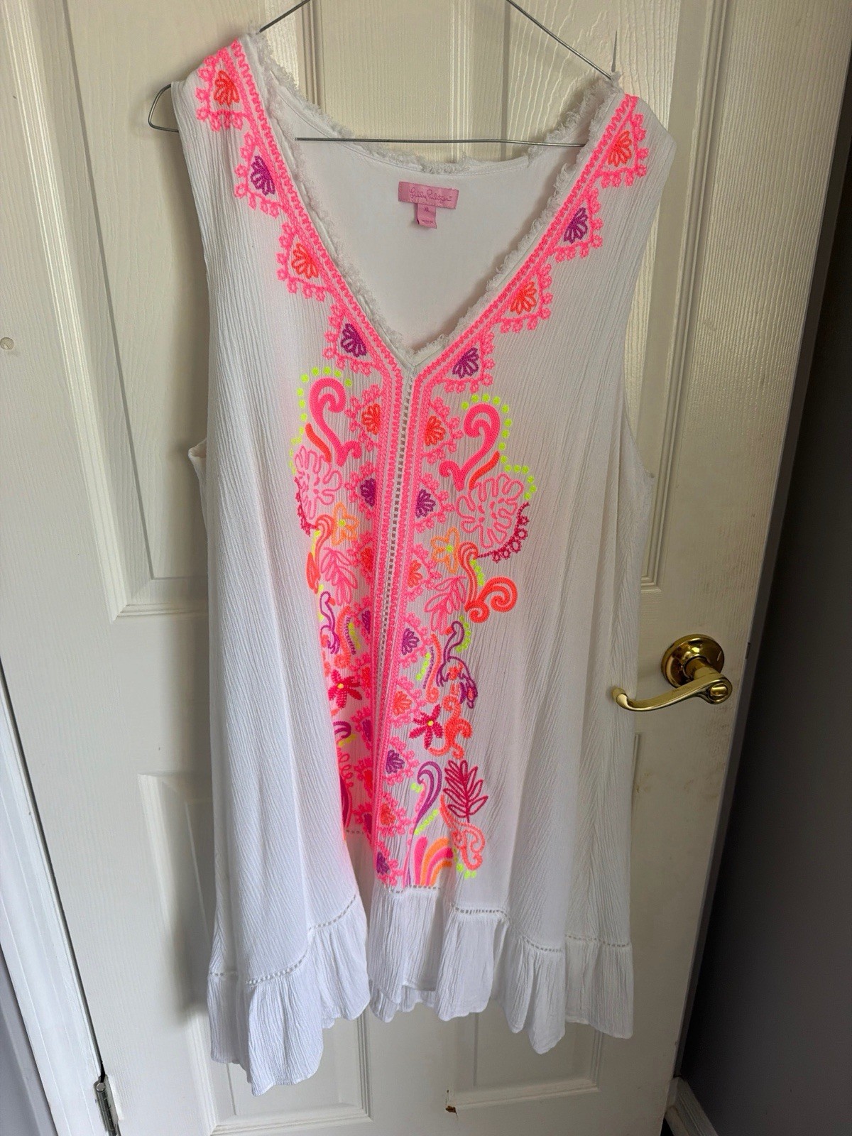 Lilly Pulitzer Thalia Dress White Tunic Embroidered Neon Beach Coverup Women XL