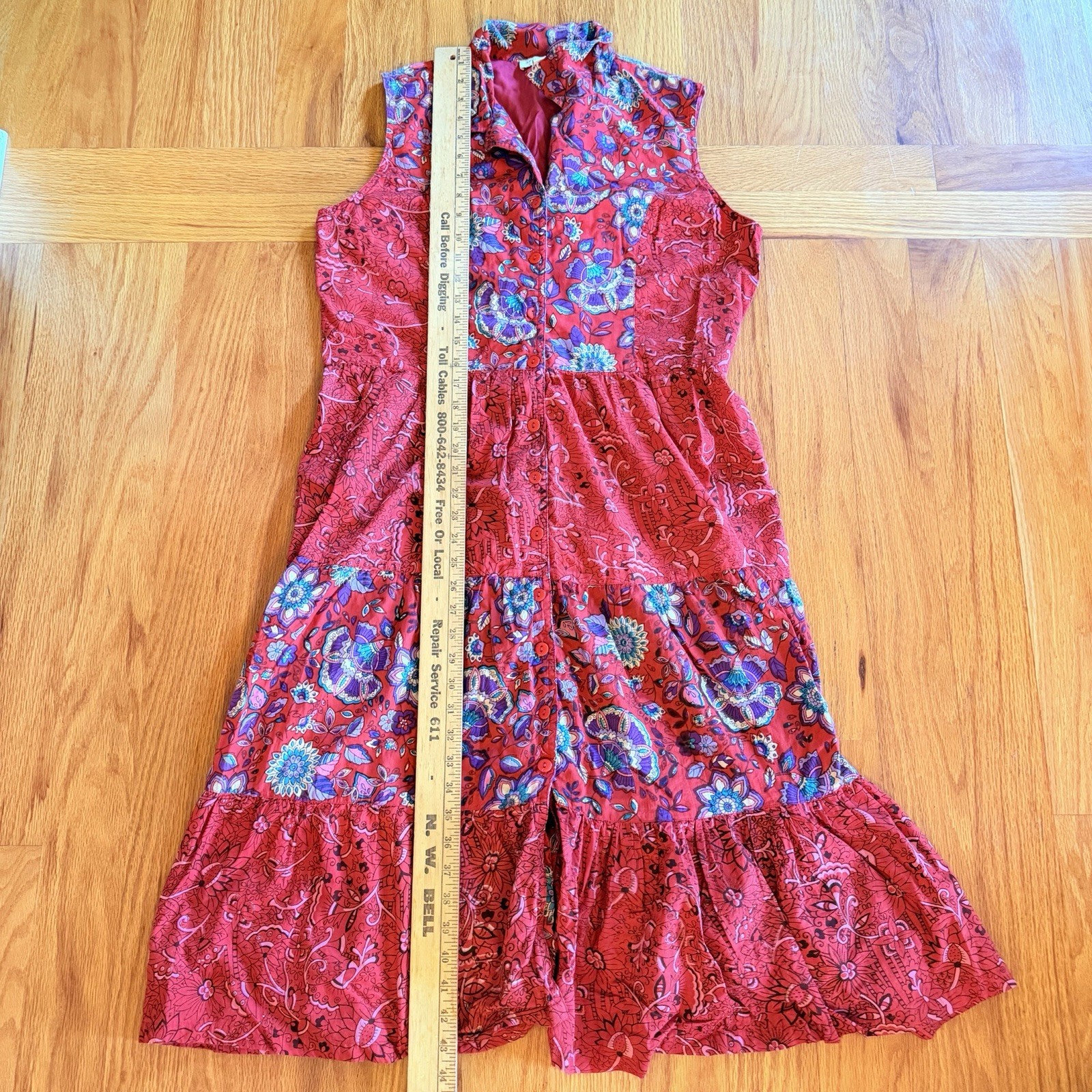 90s Red Floral Paisley Button Front Maxi Dress PL Peasant Boho Western Whimsy