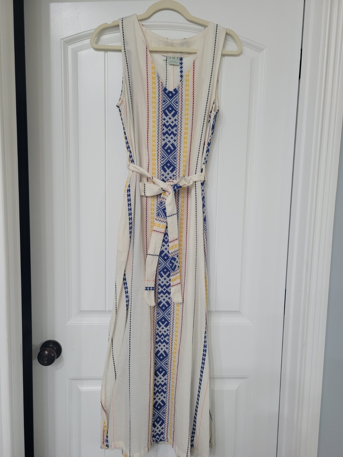 GREEK Embroidered Geometric V-Neck Sleeveless Maxi Dress Belted Cotton L