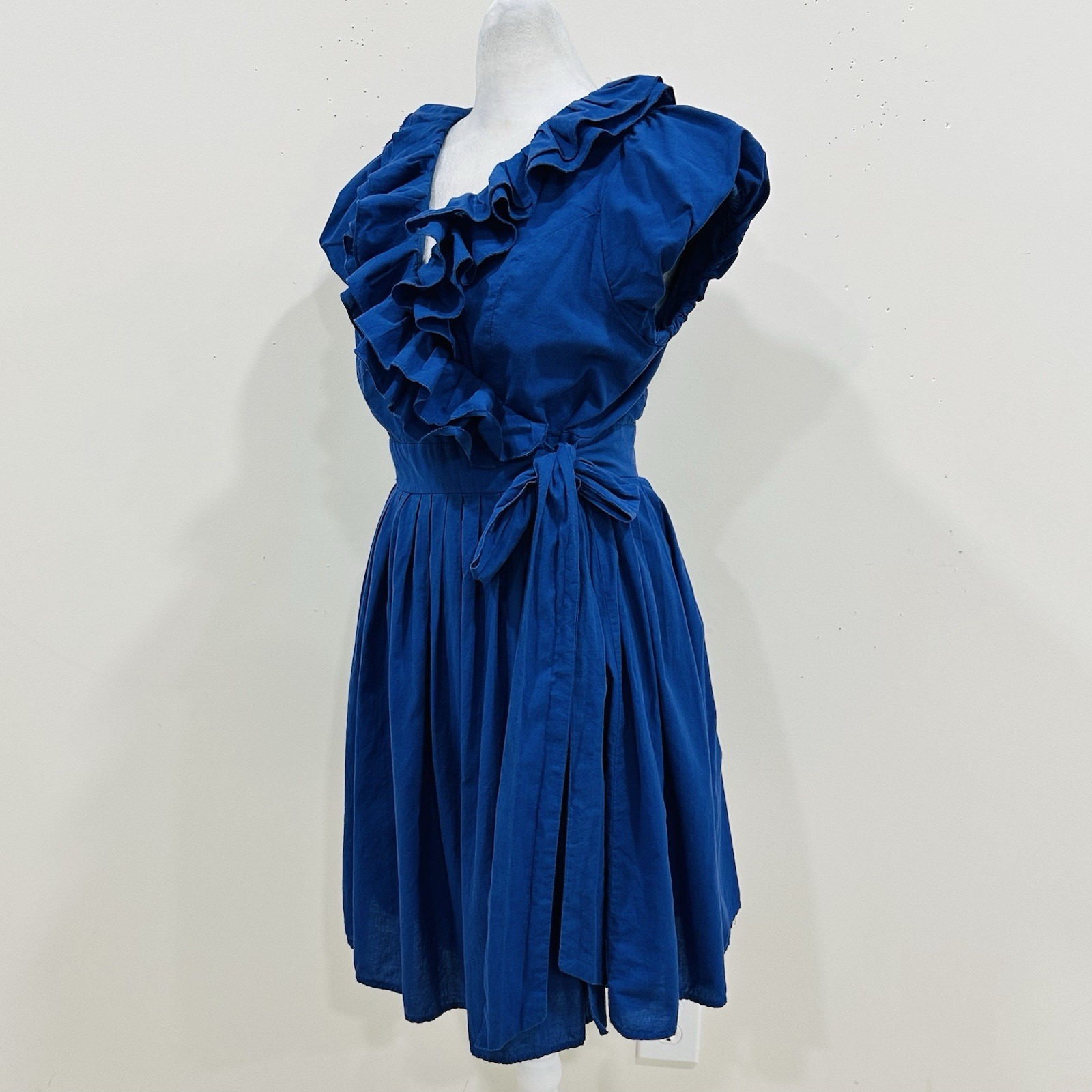 Double Zero Cobalt Blue Ruffle Wrap Dress Pleated Skirt Fit & Flare Size L