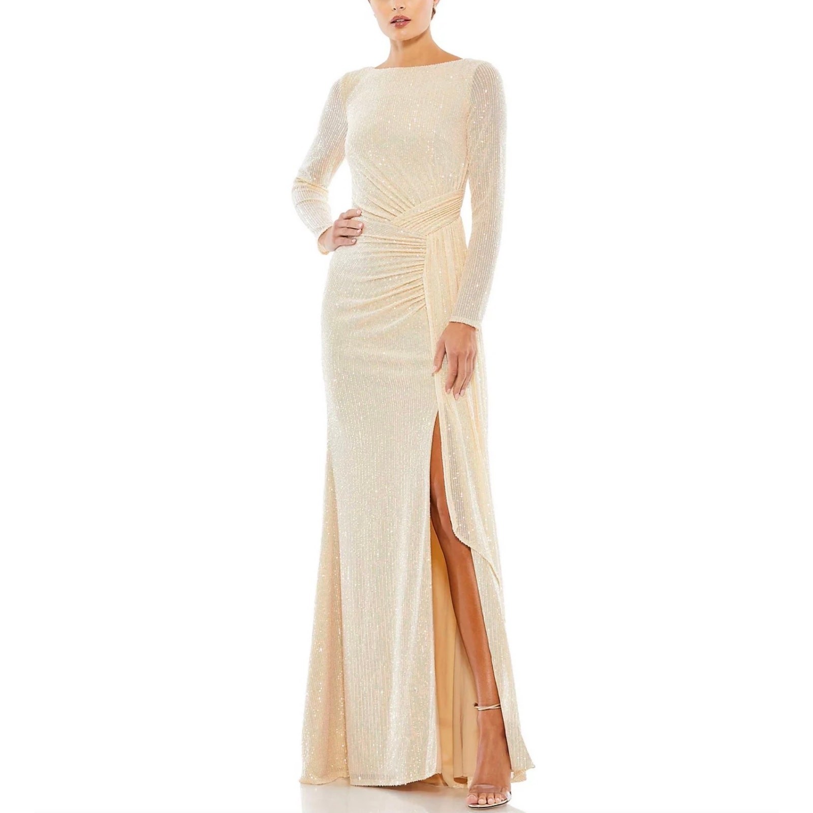 Mac Duggal 26175 Gold Evening Gown Sequin Long Sleeve Formal Column Dress Size 6