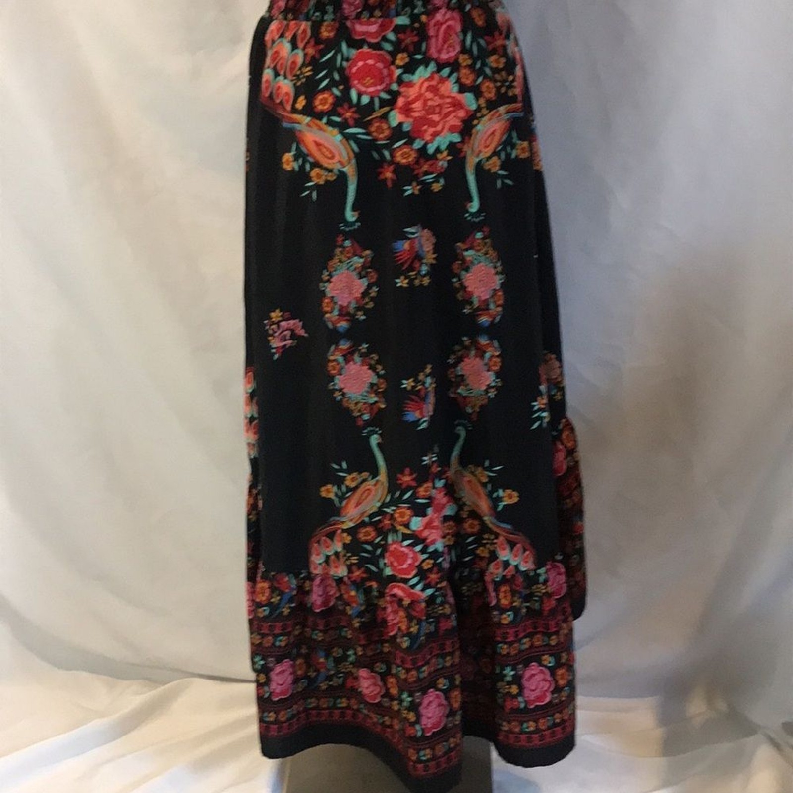 Black floral peacock colorful print short sleeves hi-low maxi dress boho gypsy M