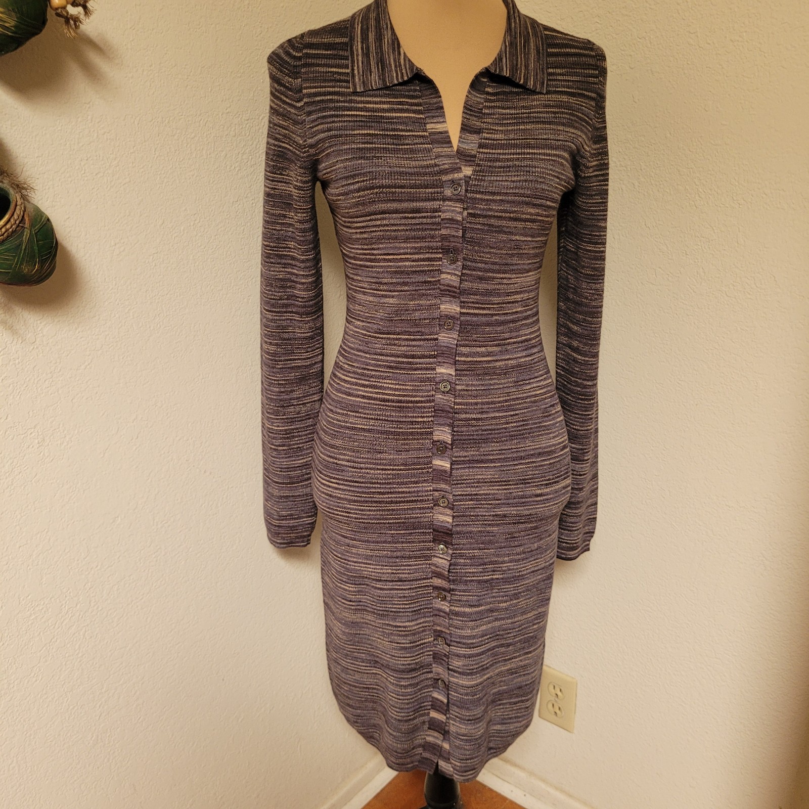 Aritzia Wilfred Ribbed Button-Front Polo Midi Dress in Grey Brown Stripe Size…