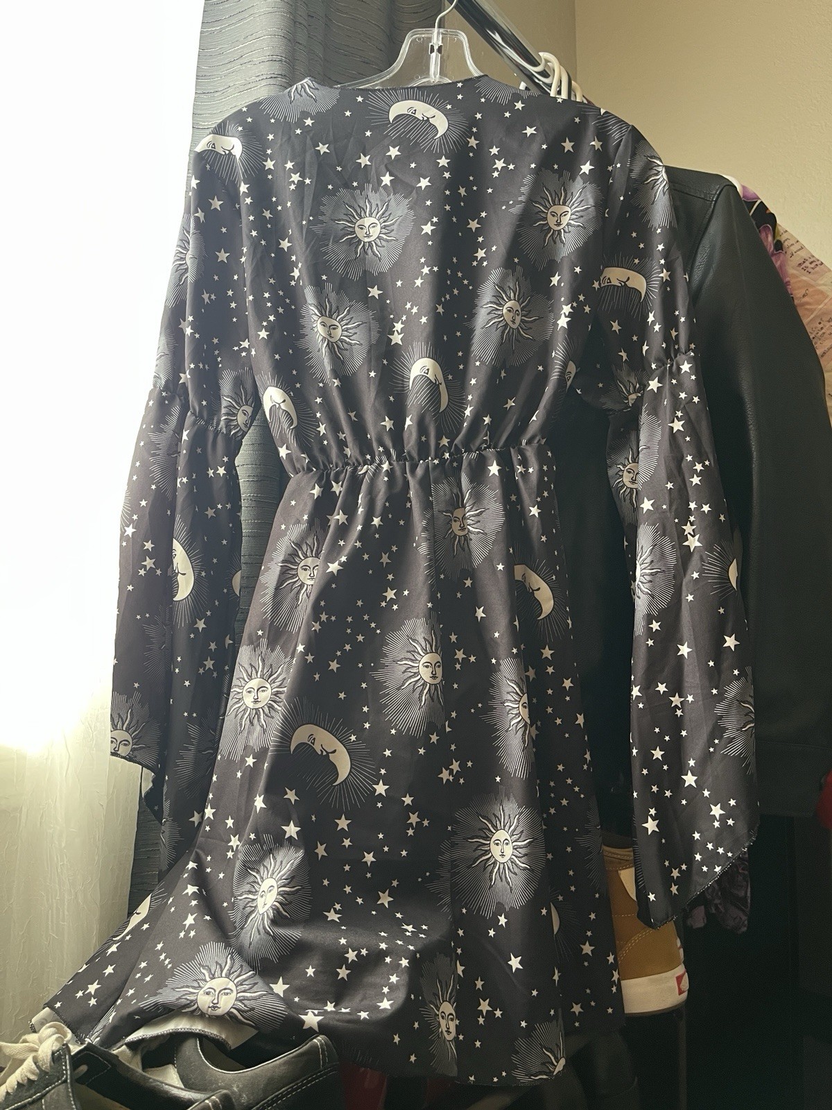 Black Celestial Sun Moon Star V-Neck Bell Sleeve Tie Front Mini Dress L