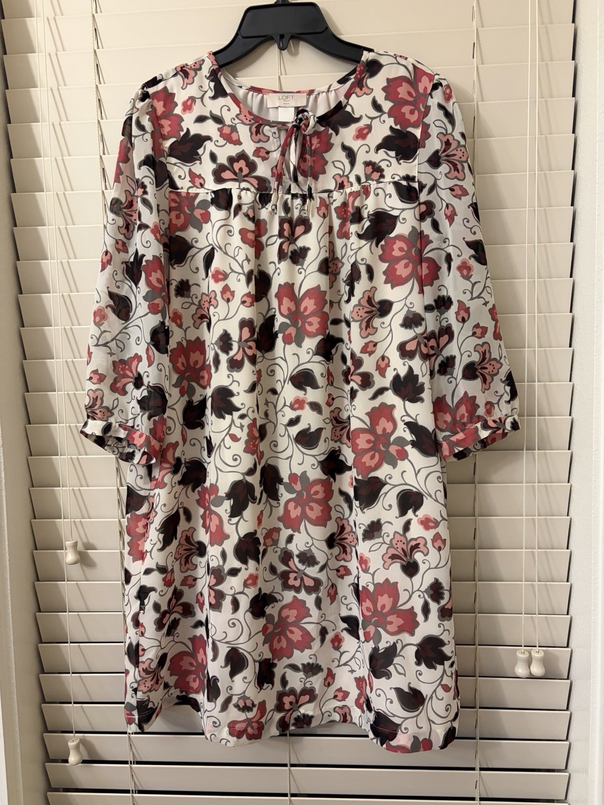 LOFT Women’s Petite Medium PM Floral Peasant Dress Mauve Pink Cream 3/4 Sleeve