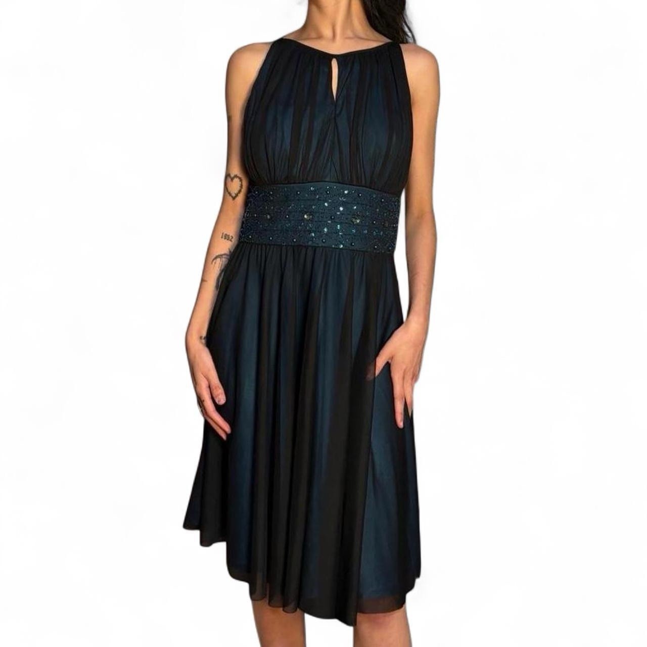 Vintage Jessica Howard Black & Blue Chiffon Dress W Beaded Waist 6P