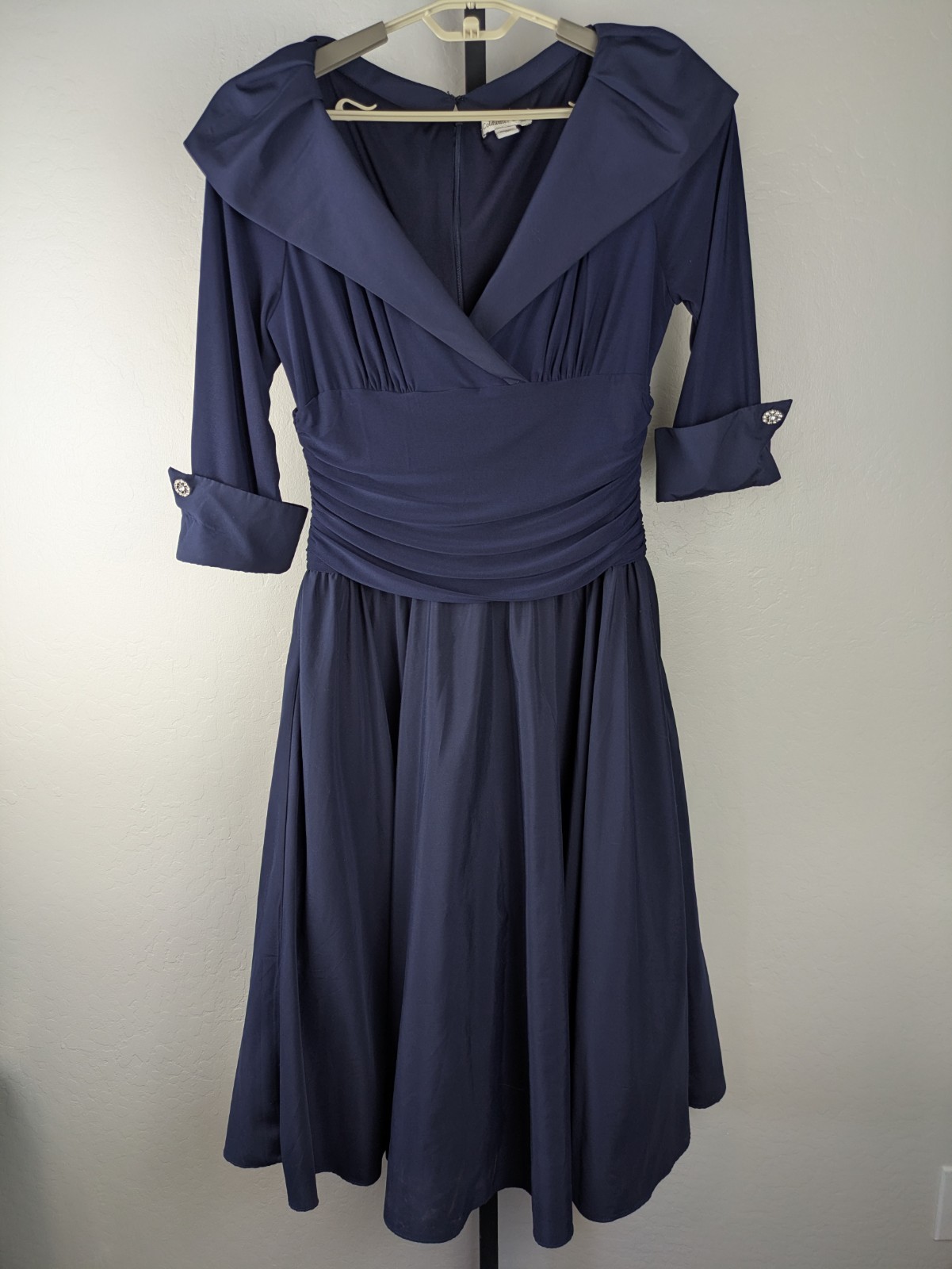 Coldwater Creek size 14 navy blue A-Line Midi Dress 3/4 Sleeve Portrait Collar