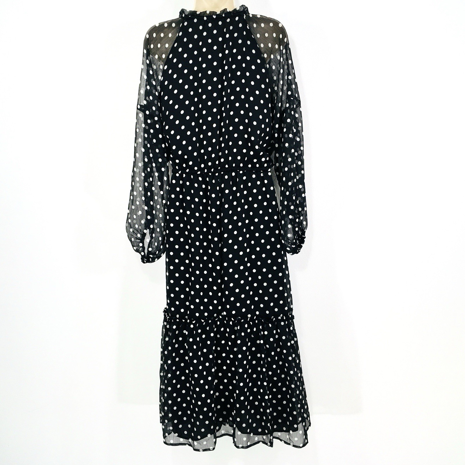 On 34th Polka Dot Chiffon Dress Sz L Sheer Sleeves Stretch Waist Fairy Whimsy
