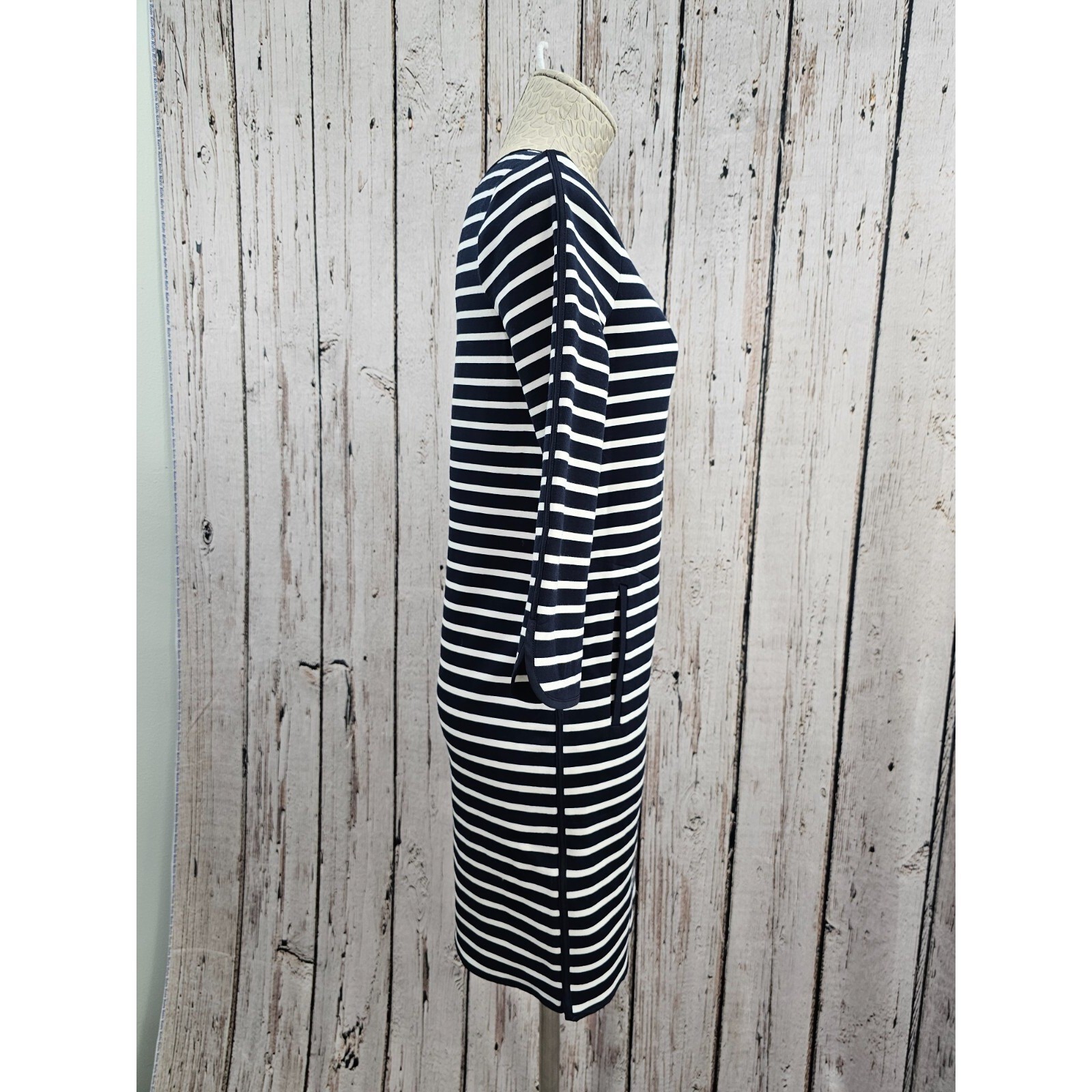 Lands’ End 2 Navy White Striped 3/4 Sleeve Shift Sheath Dress Nautical EUC